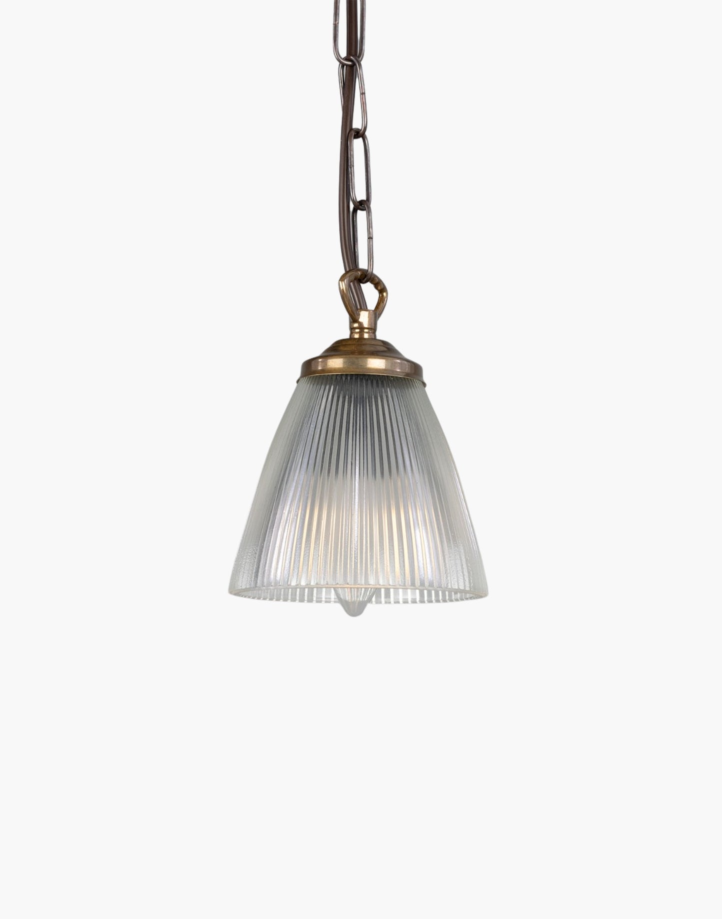 Small Prismatic Glass Pendant Light clear prismatic glass, brass details, compact industrial lighting for kitchen island or dining area.