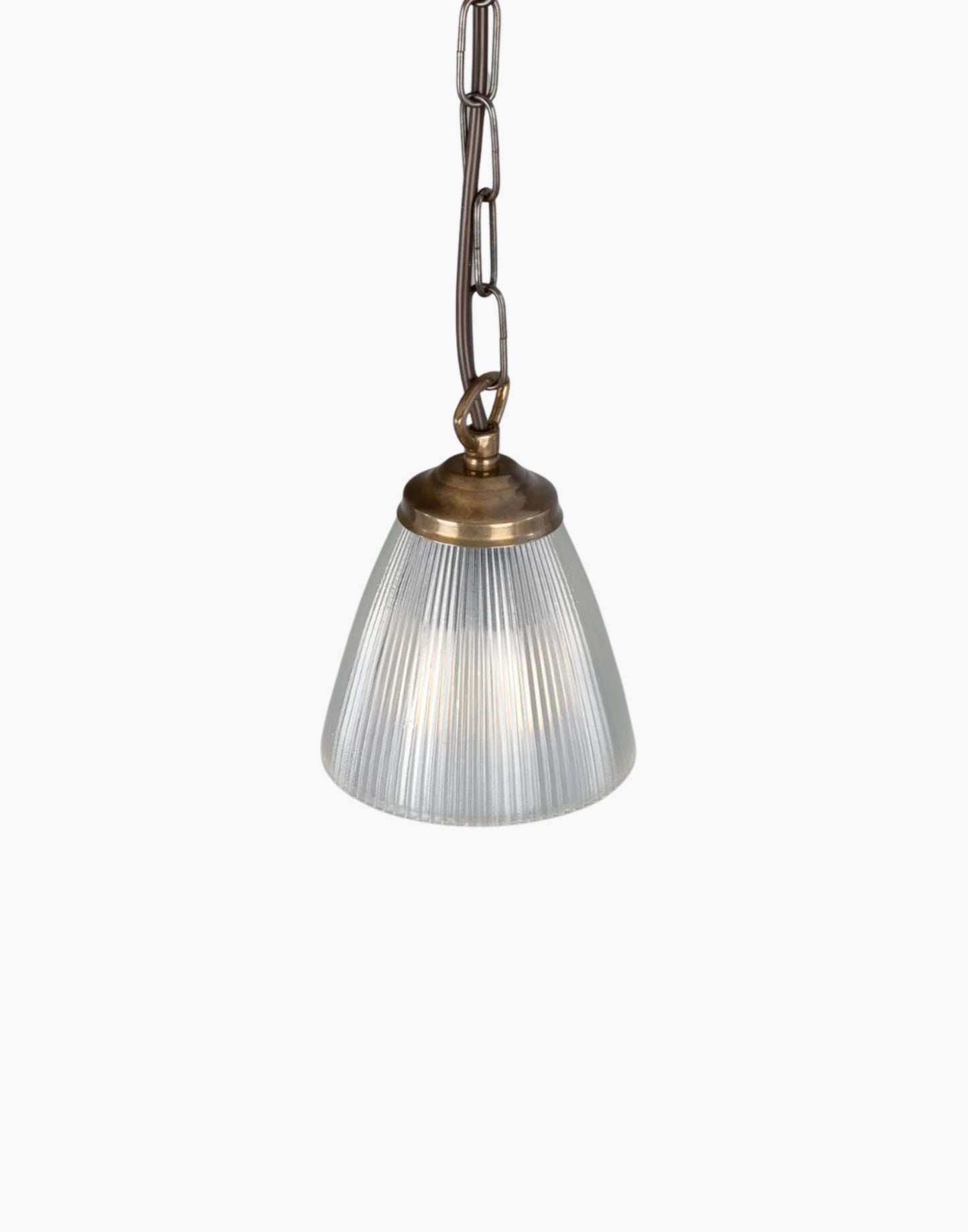 Small Prismatic Glass Pendant Light clear prismatic glass, brass details, compact industrial lighting for kitchen island or dining area.