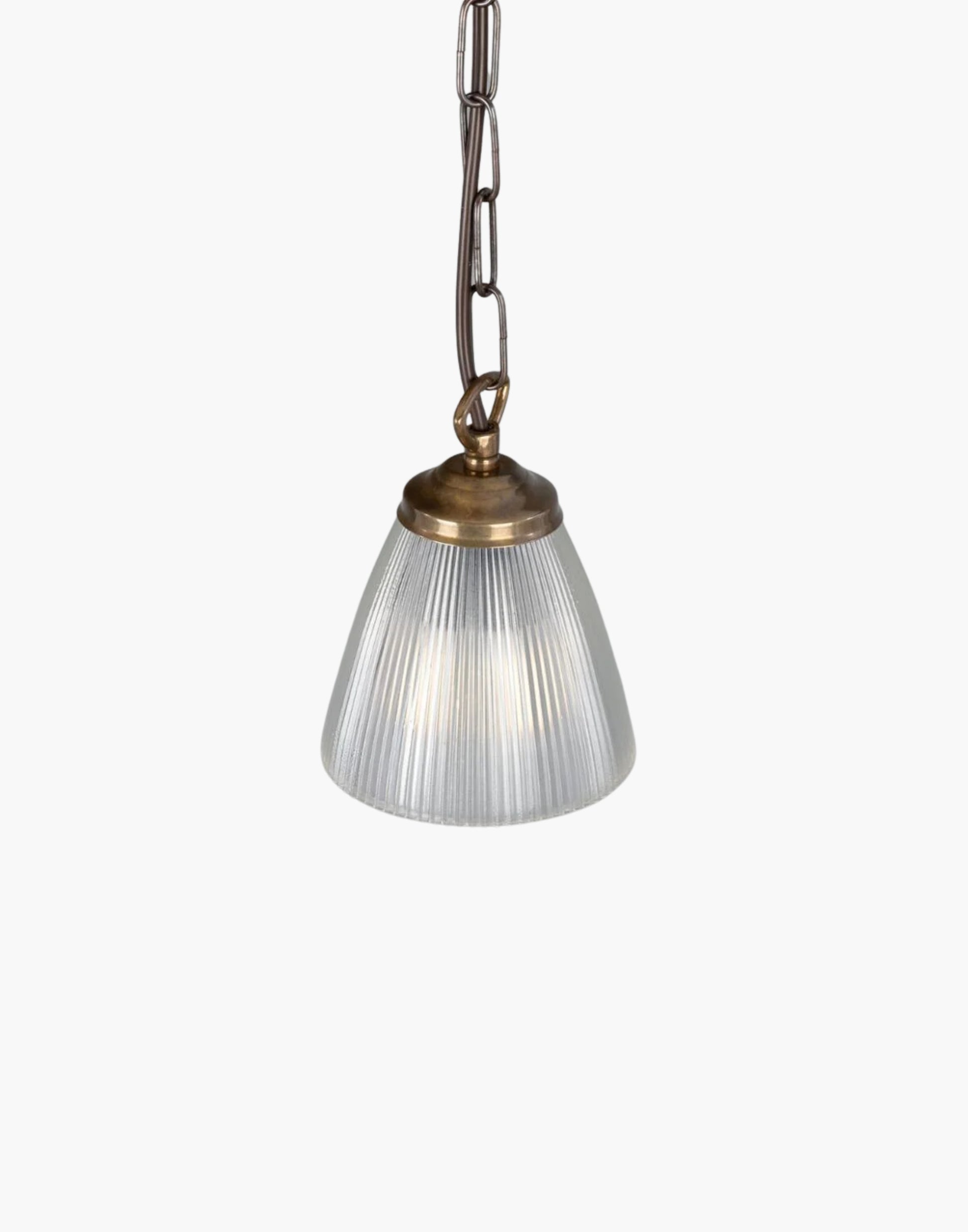 Small Prismatic Glass Pendant Light clear prismatic glass, brass details, compact industrial lighting for kitchen island or dining area.
