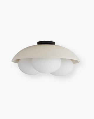 Large Glaze Flushmount Light Fixture with three frosted opal glass globes within a large ivory stained crackle ceramic bowl and frosted ceramic shades.