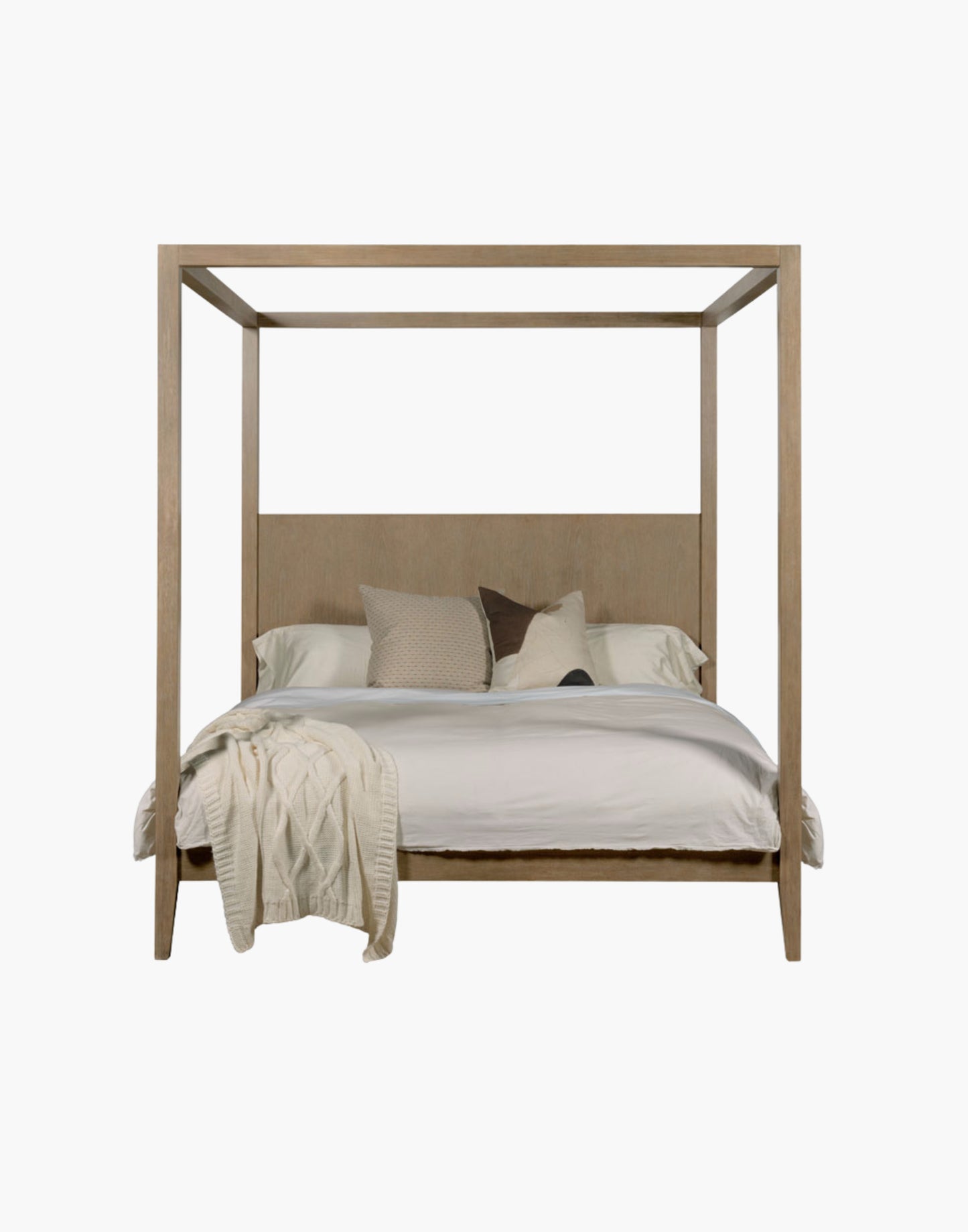 canopy bed with oak veneered headboard and tapered wood feet