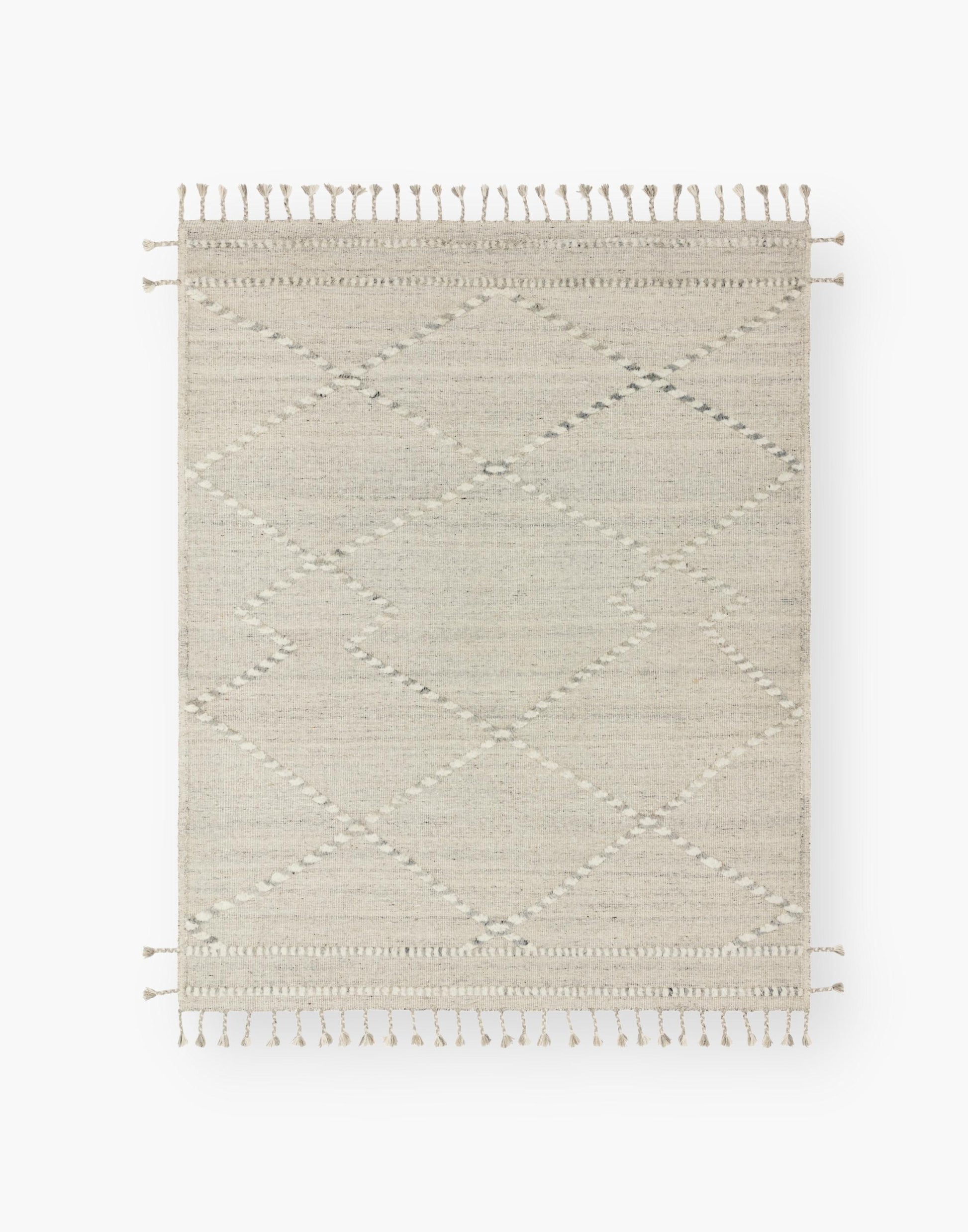 Light Grey and Ivory wool and cotton fringed rug.