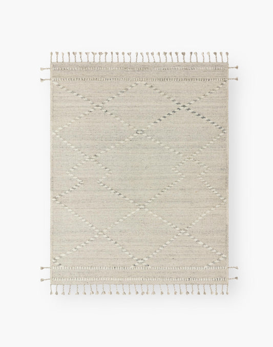 Light Grey and Ivory wool and cotton fringed rug.