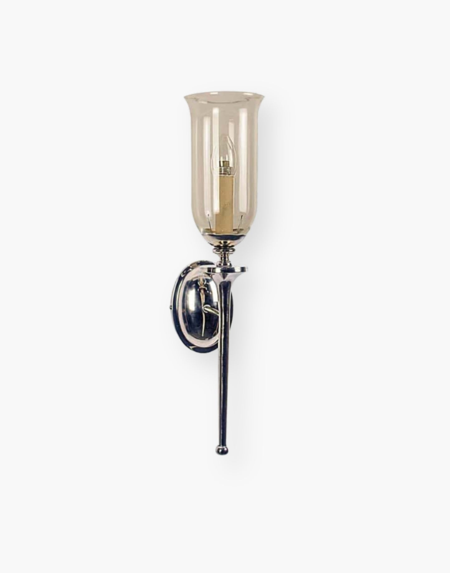 Single wall sconce in solid cast brass with storm glass, elegant brass wall light for mirrors and hallways.