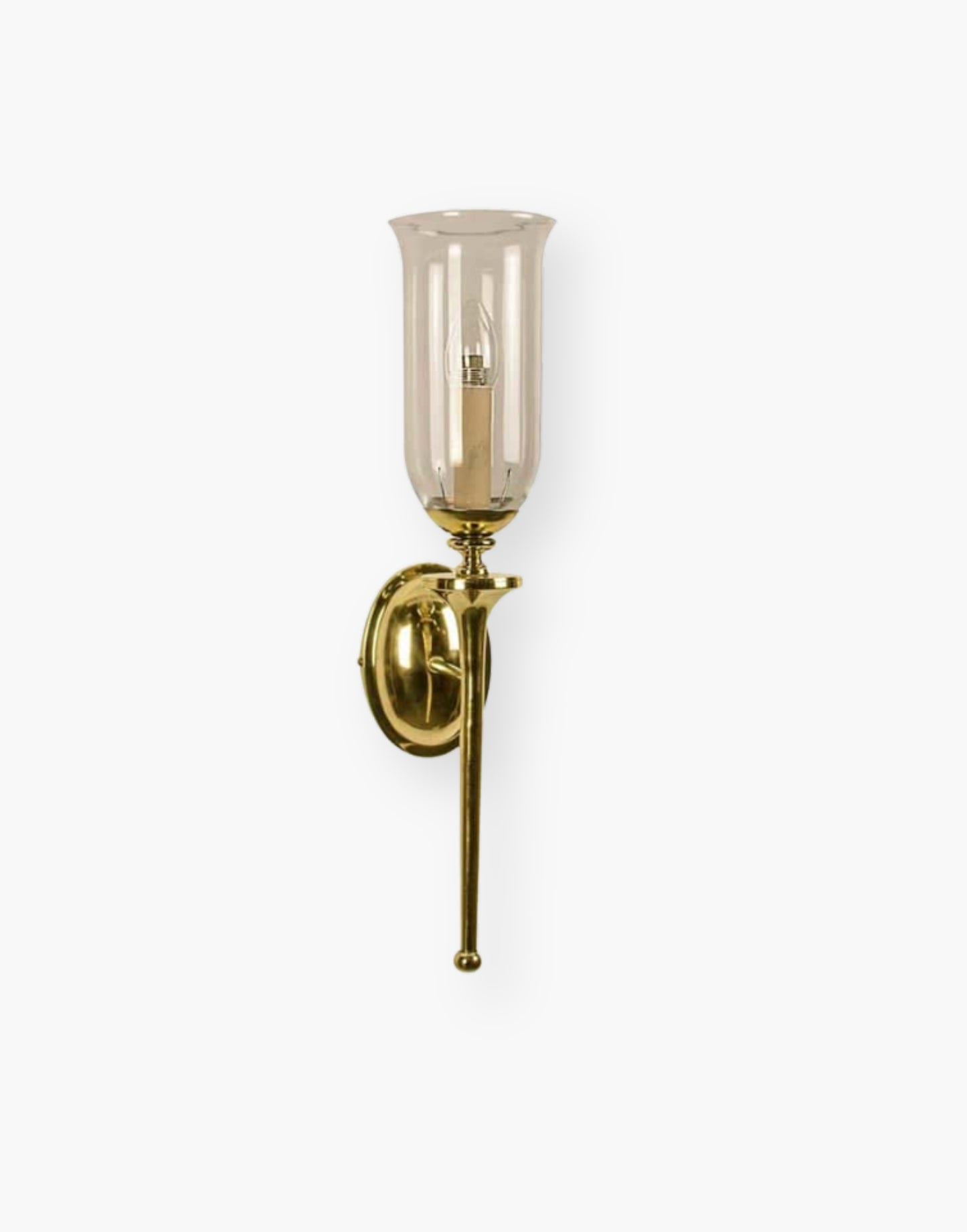 Single wall sconce in solid cast brass with storm glass, elegant brass wall light for mirrors and hallways.