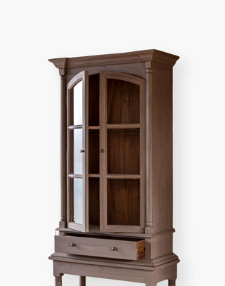 Antique gray recycled pine hutch with upper cabinet and glass doors.