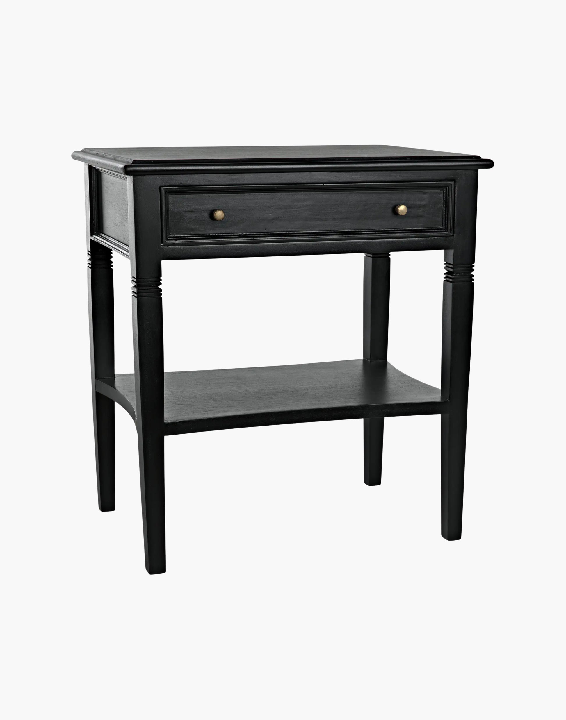 Mahogany side table with single drawer, brass pulls, tapered legs, and lower shelf, traditional design
