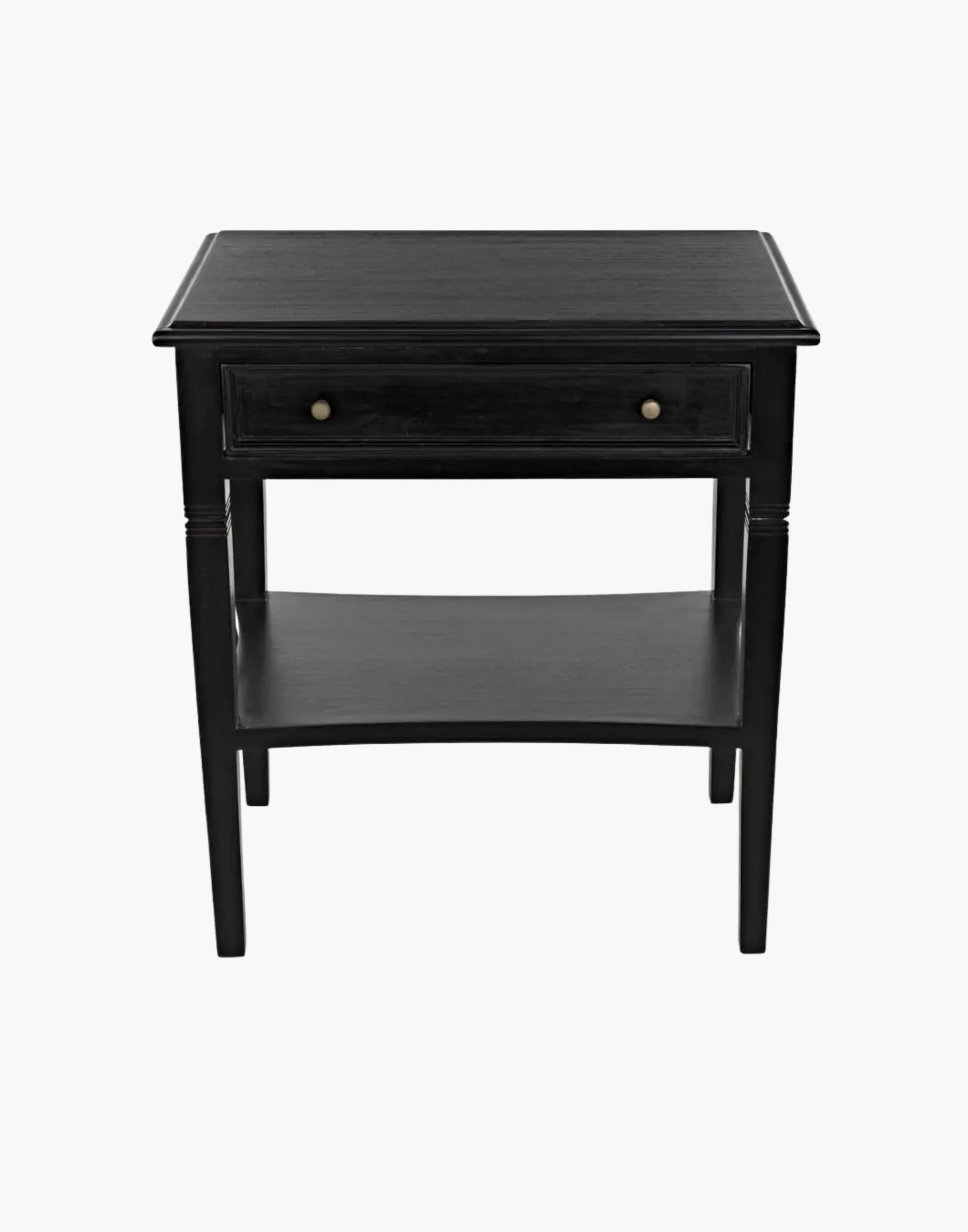 Mahogany side table with single drawer, brass pulls, tapered legs, and lower shelf, traditional design
