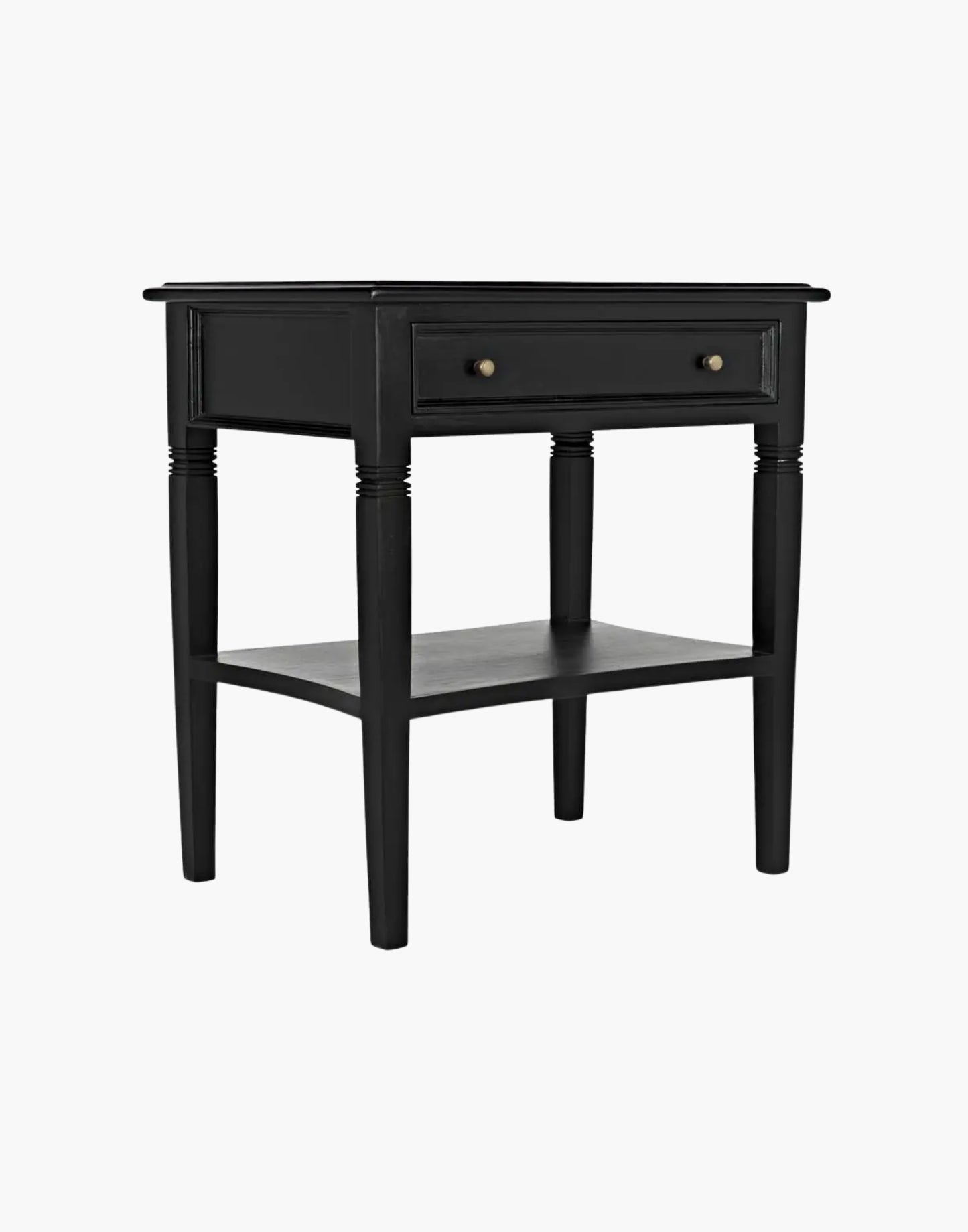 Mahogany side table with single drawer, brass pulls, tapered legs, and lower shelf, traditional design