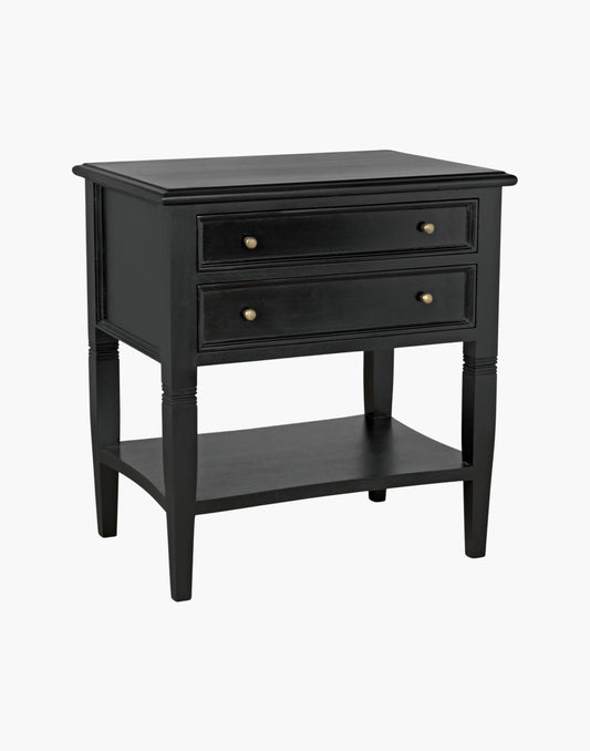 Black mahogany side table with two drawers, brass pulls, tapered legs, and lower shelf, traditional design