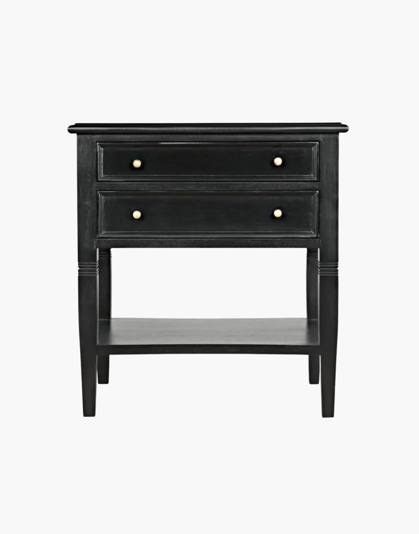 Black mahogany side table with two drawers, brass pulls, tapered legs, and lower shelf, traditional design