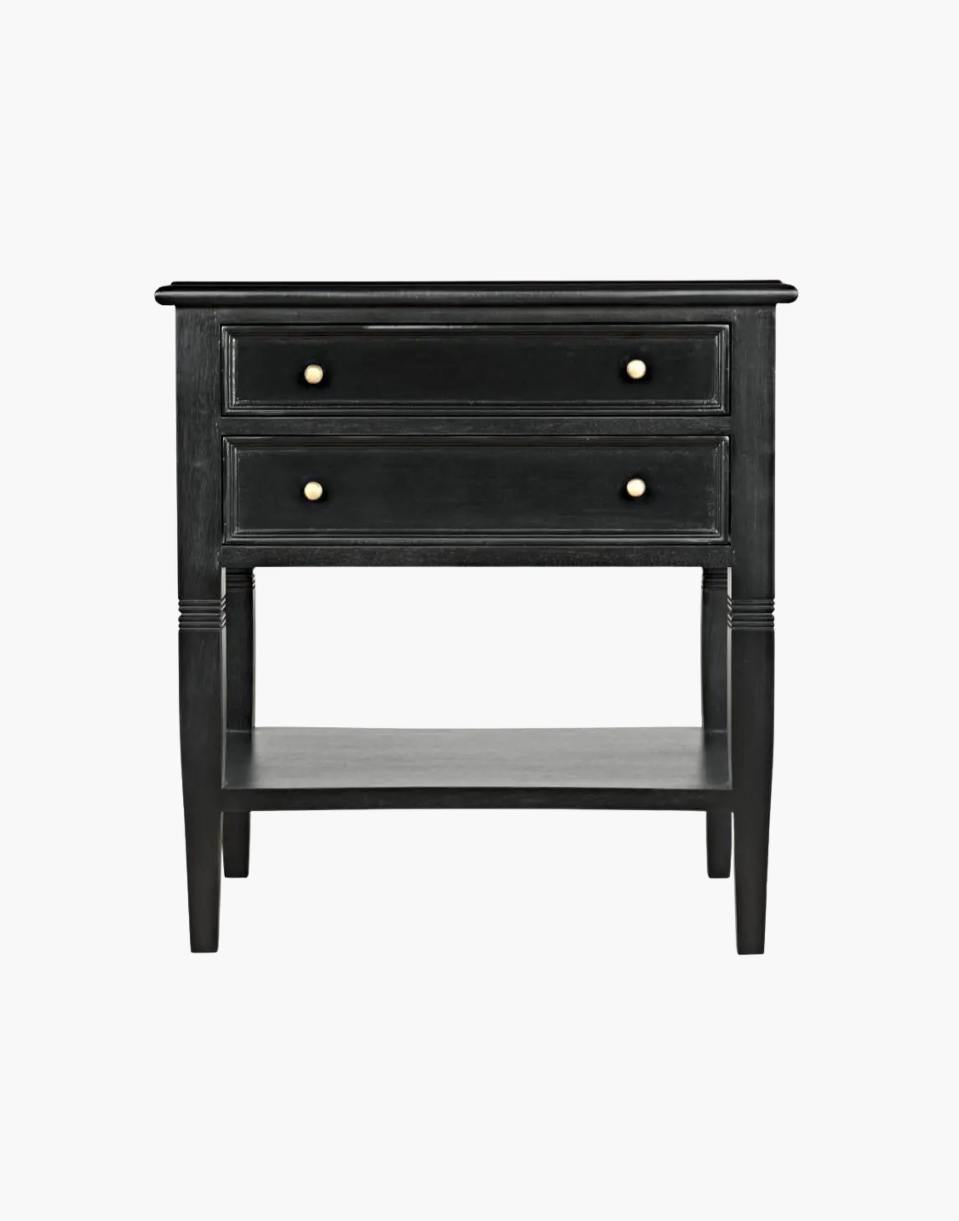 Black mahogany side table with two drawers, brass pulls, tapered legs, and lower shelf, traditional design