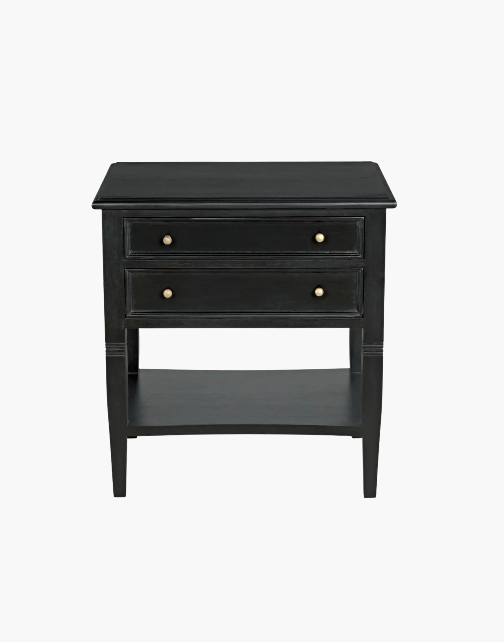 Black mahogany side table with two drawers, brass pulls, tapered legs, and lower shelf, traditional design