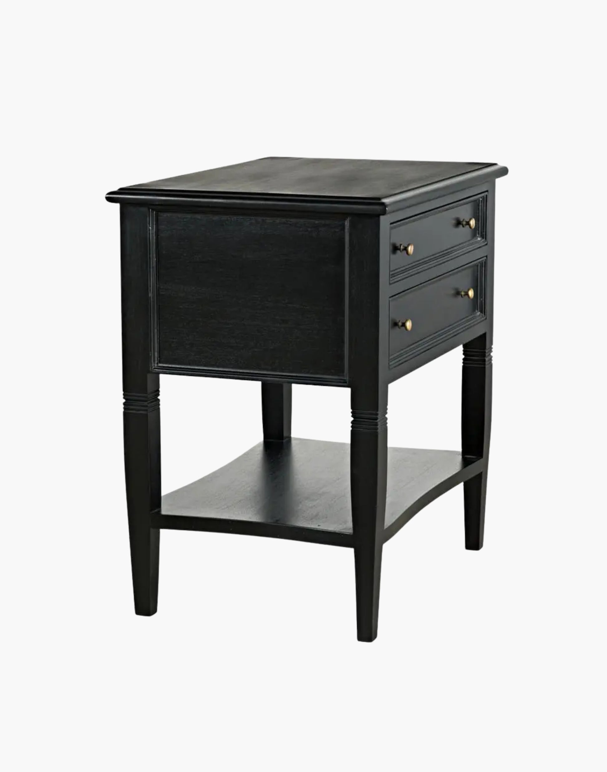 Black mahogany side table with two drawers, brass pulls, tapered legs, and lower shelf, traditional design