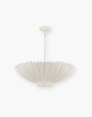 White colored and sculpted leaf shaped chandelier with an intricate, bowl-shaped silhouette.