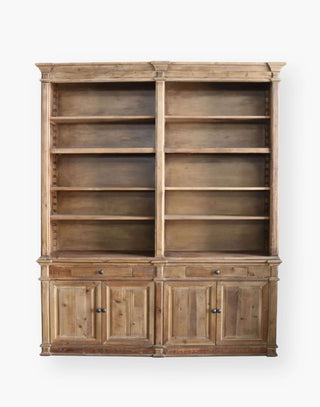 Timeless and traditional bookshelf with top shelving and lower cabinets and two small pull drawers.