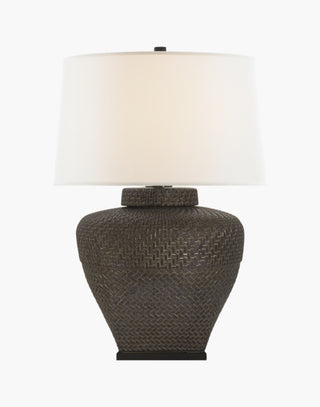 Ceramic table lamp in crystal bronze with a linen shade.