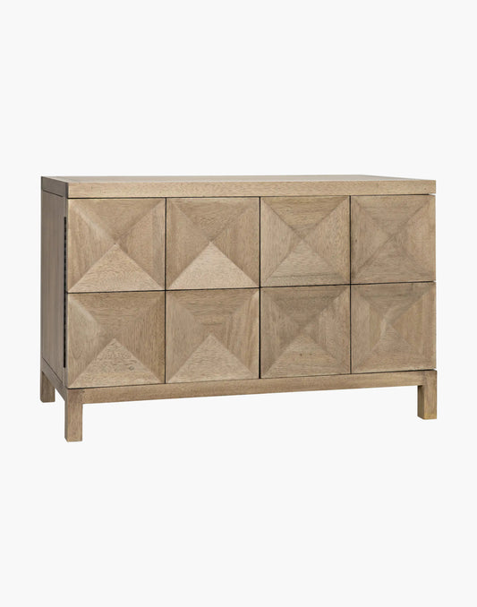 Walnut sideboard with diamond pyramid panel doors, washed walnut finish, minimal modern design with push-latch doors