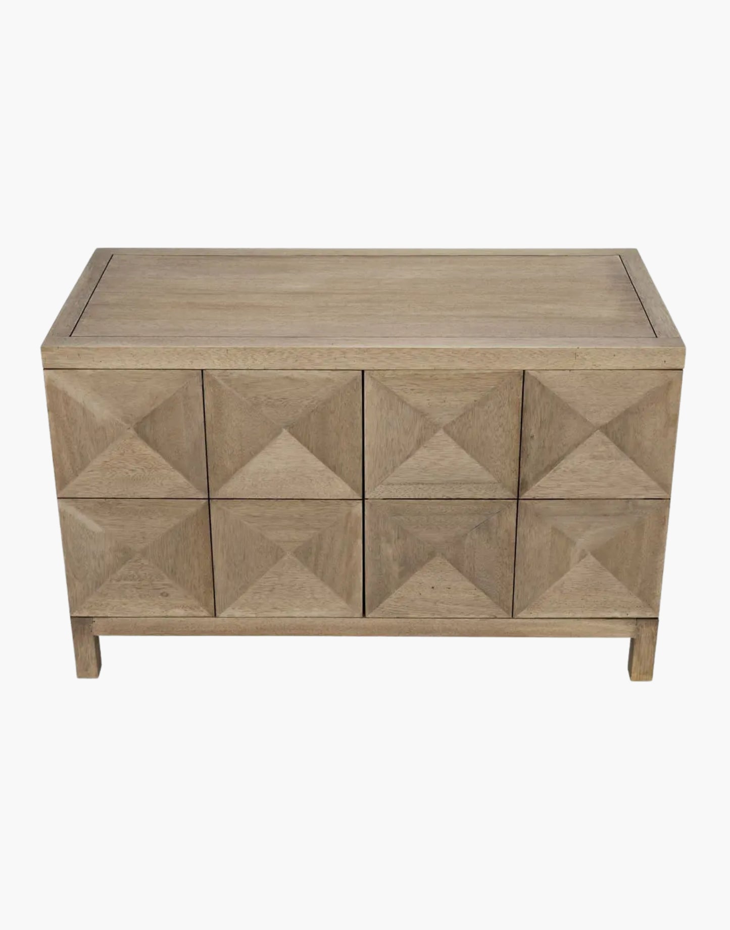 Walnut sideboard with diamond pyramid panel doors, washed walnut finish, minimal modern design with push-latch doors