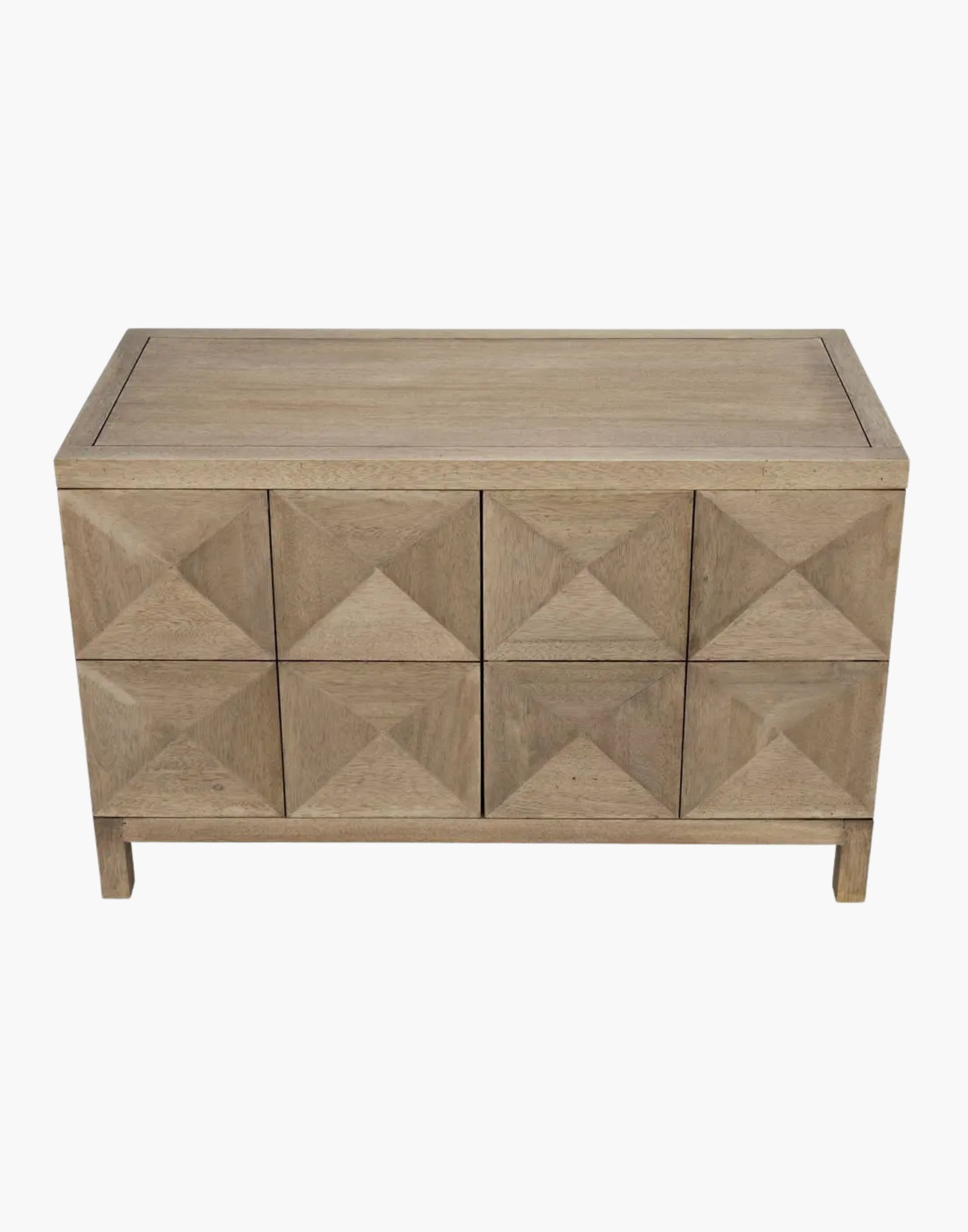 Walnut sideboard with diamond pyramid panel doors, washed walnut finish, minimal modern design with push-latch doors