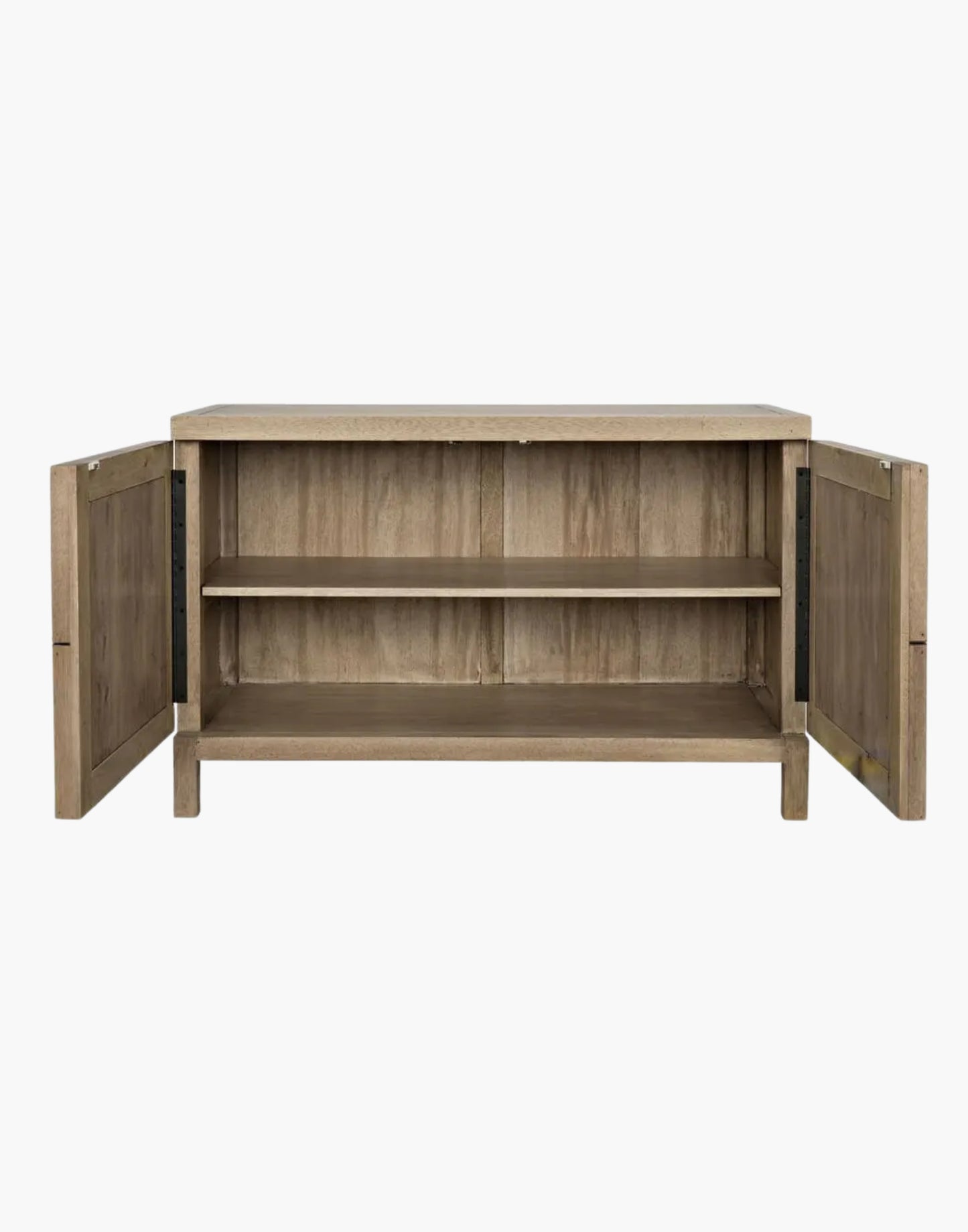 Walnut sideboard with diamond pyramid panel doors, washed walnut finish, minimal modern design with push-latch doors