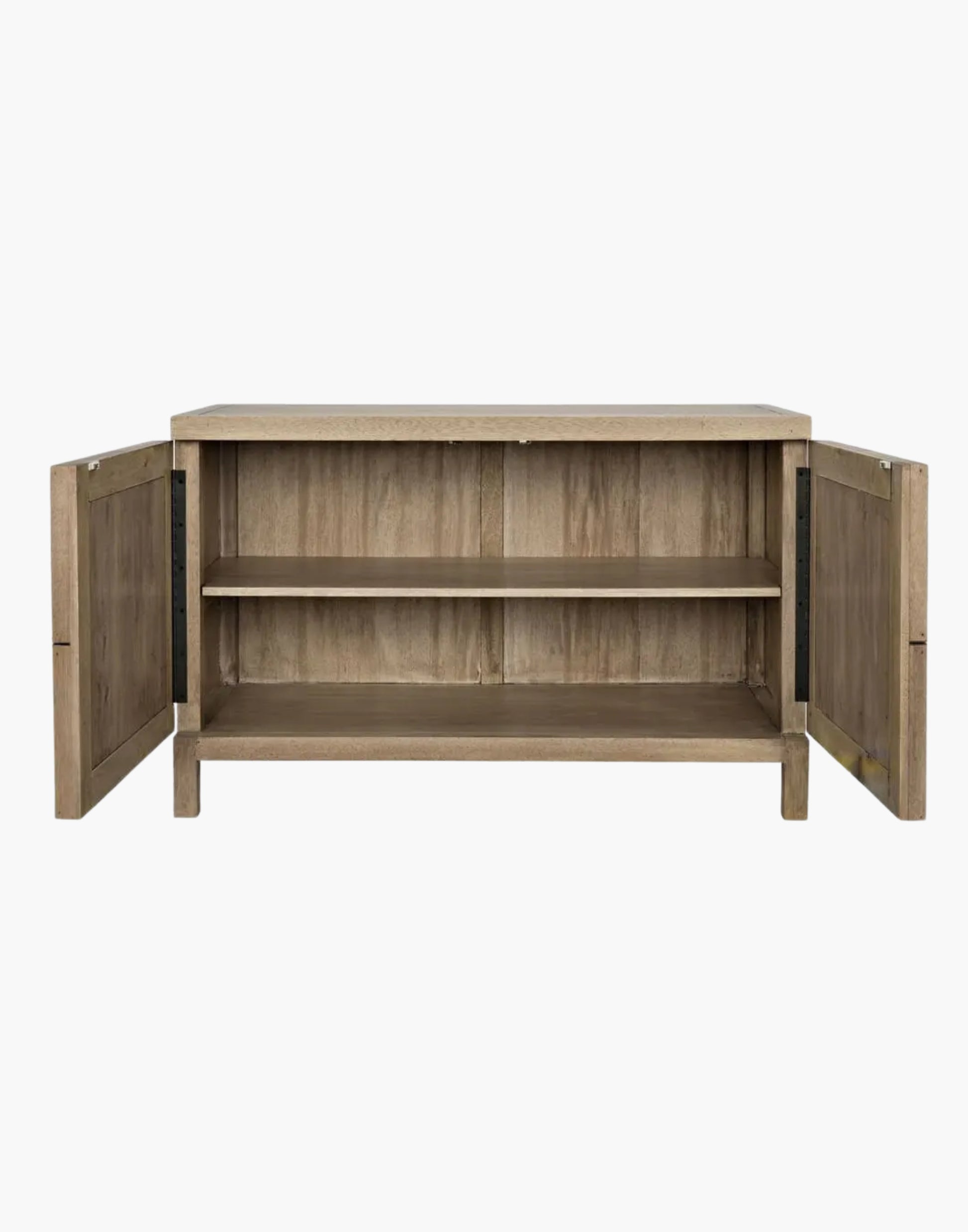 Walnut sideboard with diamond pyramid panel doors, washed walnut finish, minimal modern design with push-latch doors
