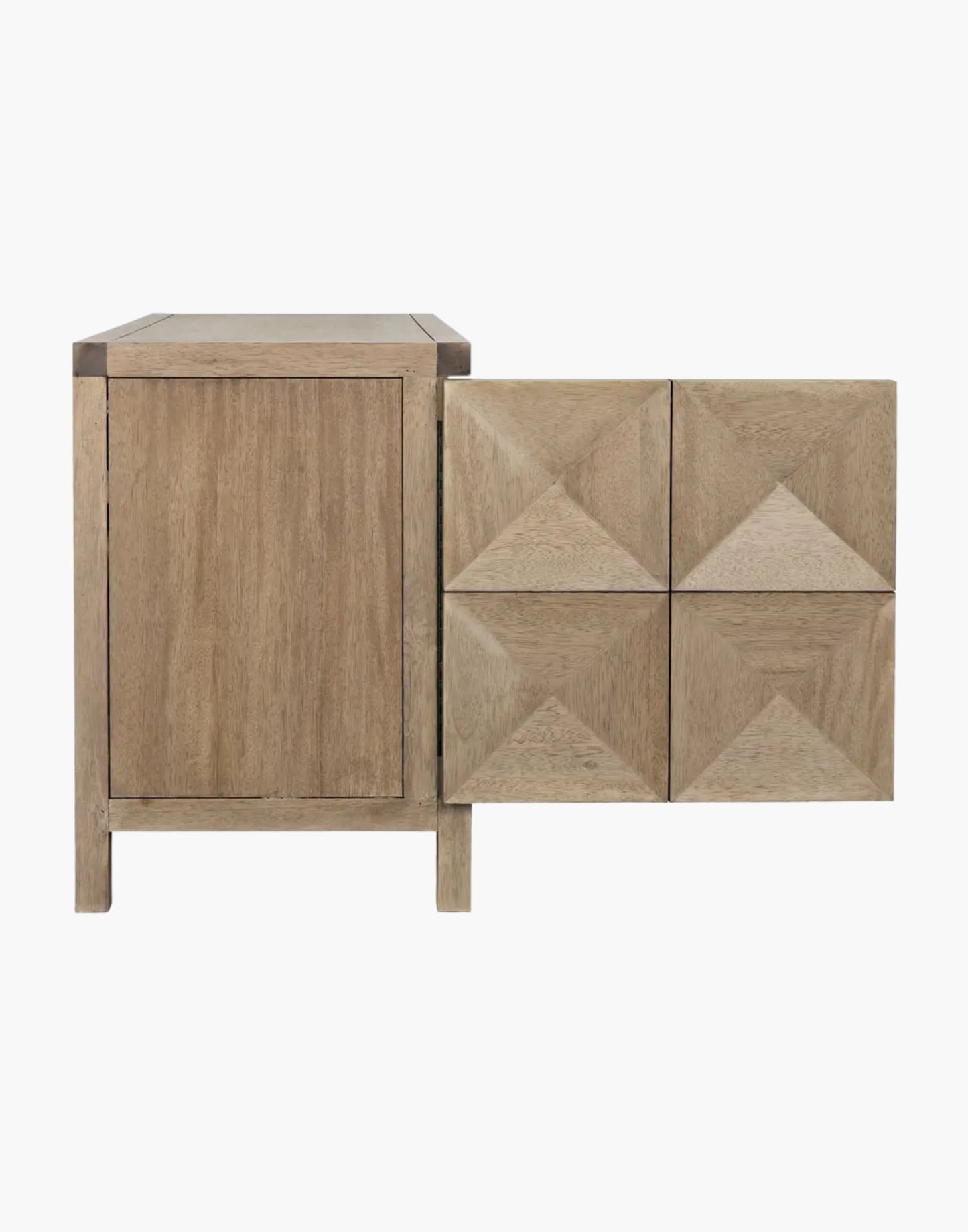 Walnut sideboard with diamond pyramid panel doors, washed walnut finish, minimal modern design with push-latch doors