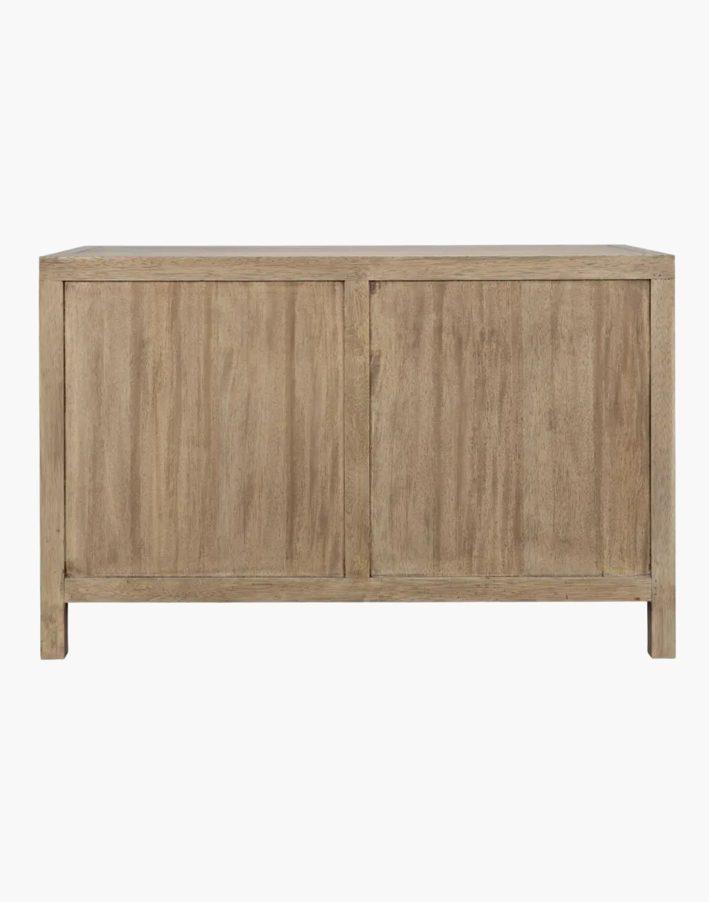Walnut sideboard with diamond pyramid panel doors, washed walnut finish, minimal modern design with push-latch doors