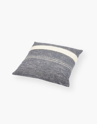 Textured Bastion Blue Pillow, with Flax and Oyster Horizontal Stripes