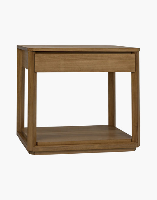 Gold teak side table with one drawer and clean rectangular silhouette for modern interiors.