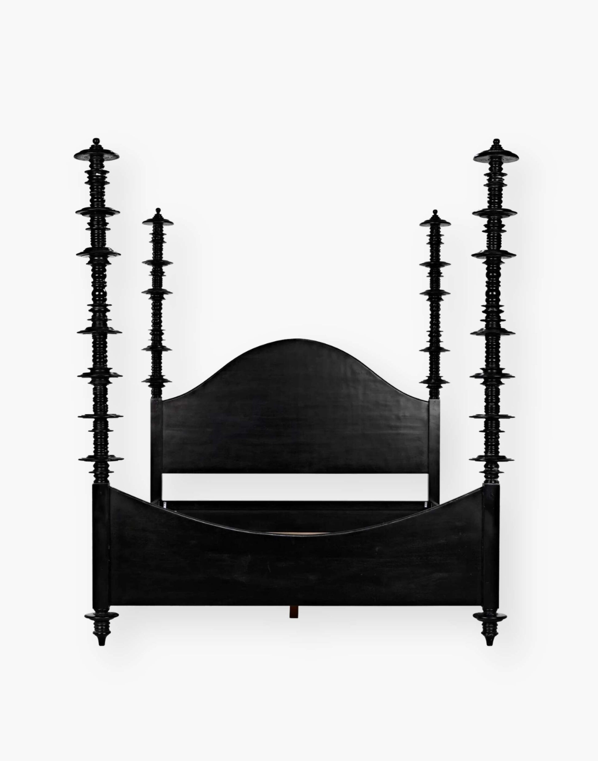Mahogany, hand-rubbed black bed with intricate details on each post.