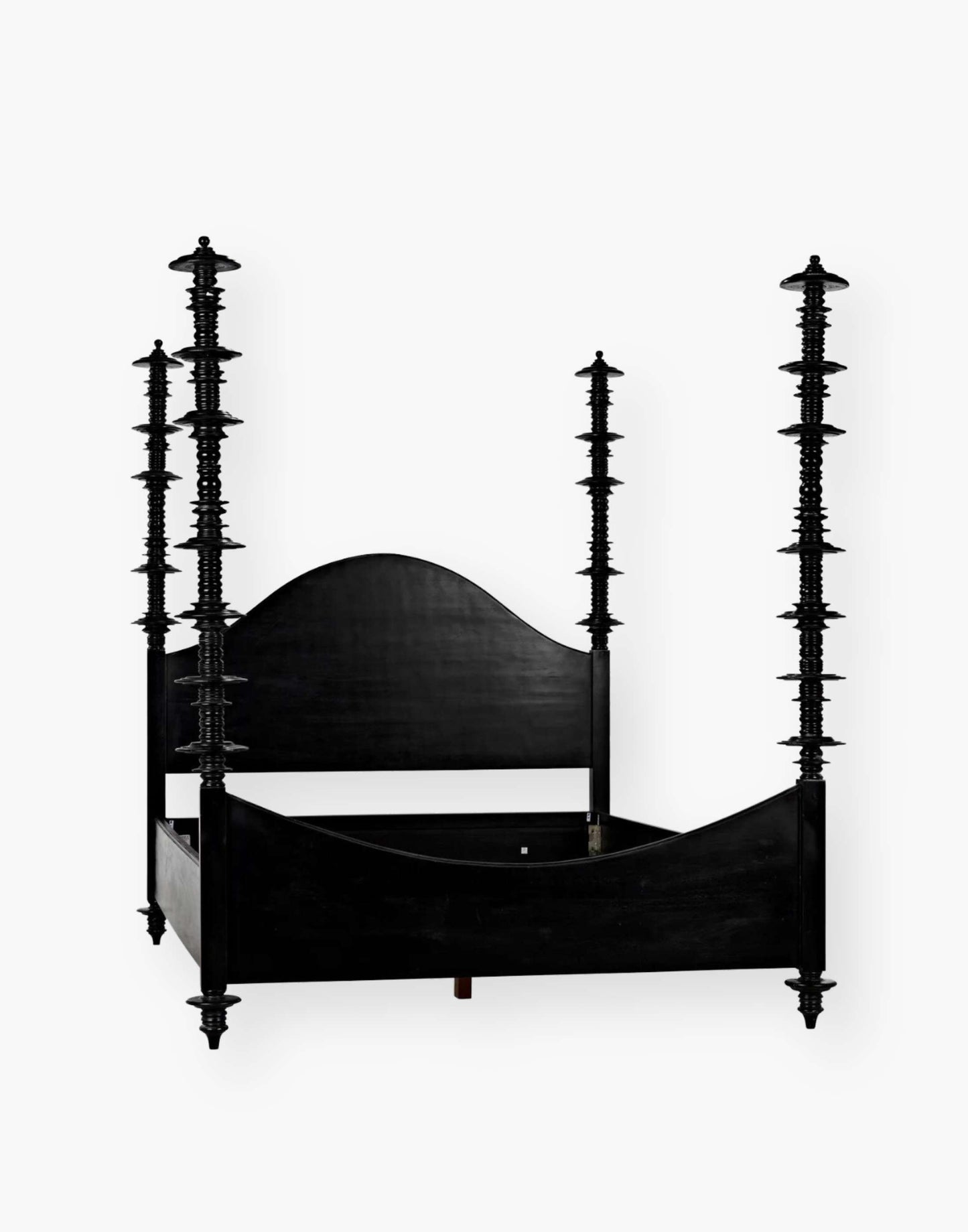 Mahogany, hand-rubbed black bed with intricate details on each post.