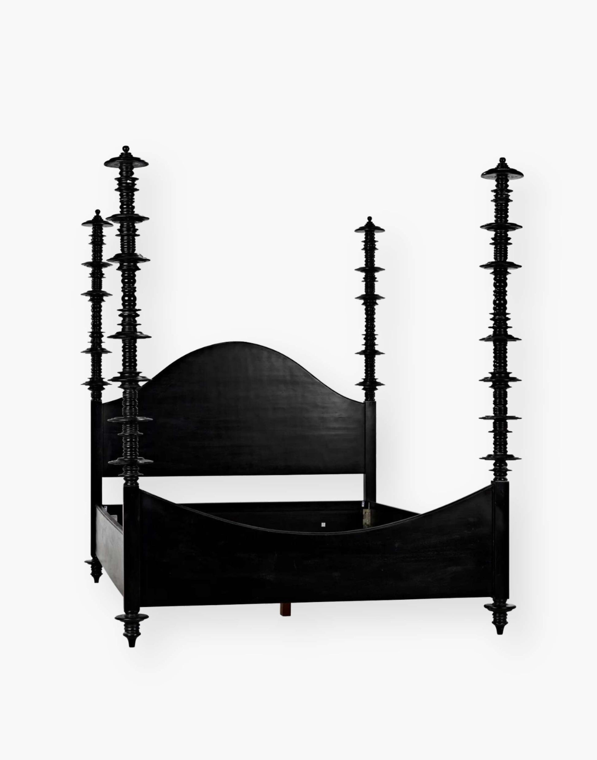 Mahogany, hand-rubbed black bed with intricate details on each post.