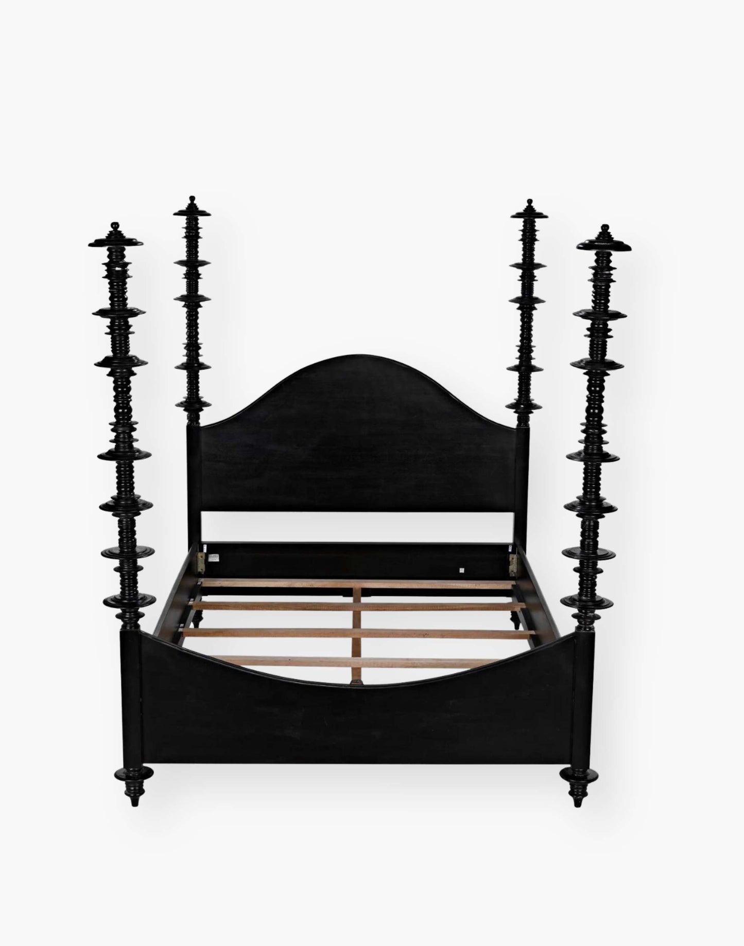 Mahogany, hand-rubbed black bed with intricate details on each post.