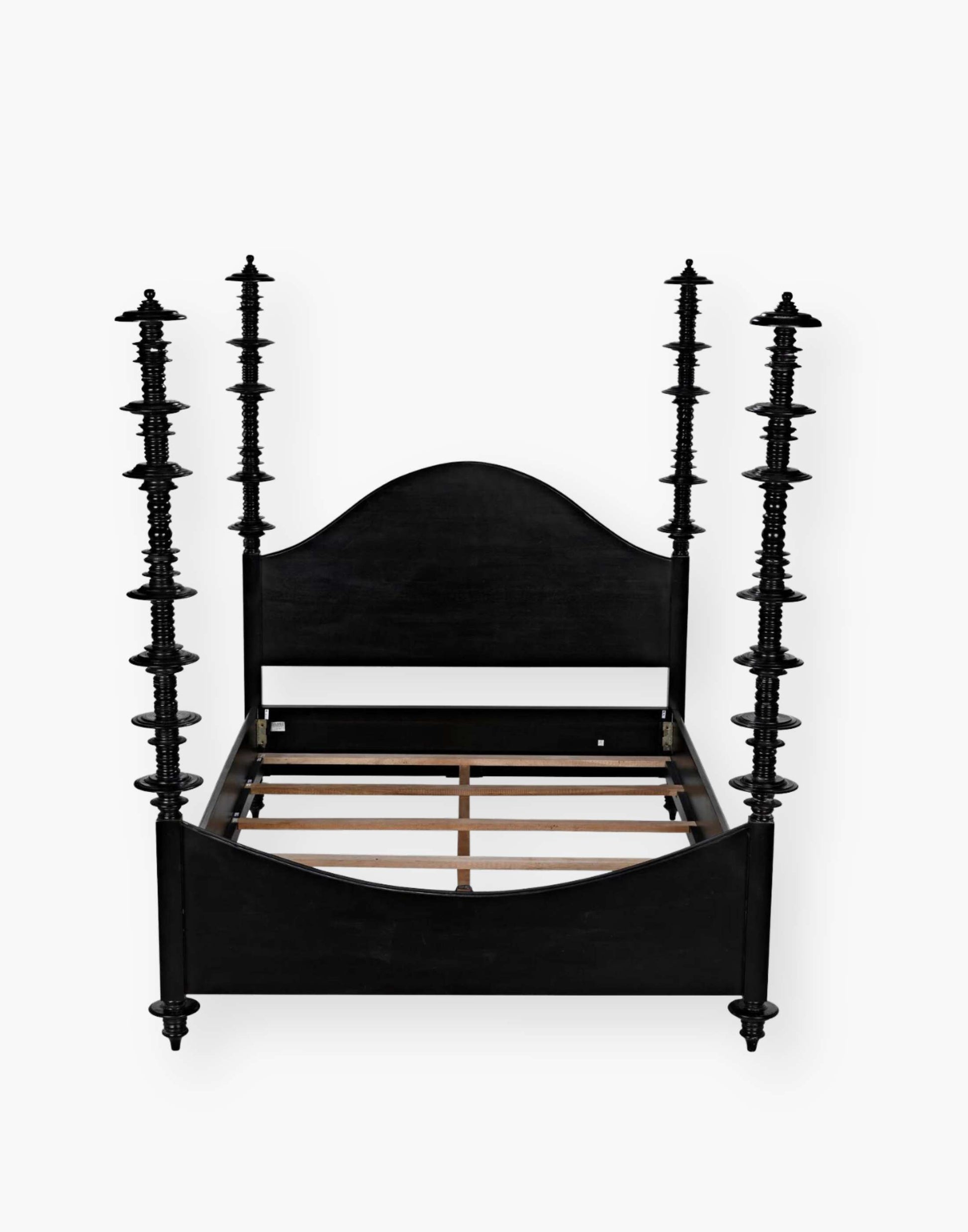 Mahogany, hand-rubbed black bed with intricate details on each post.
