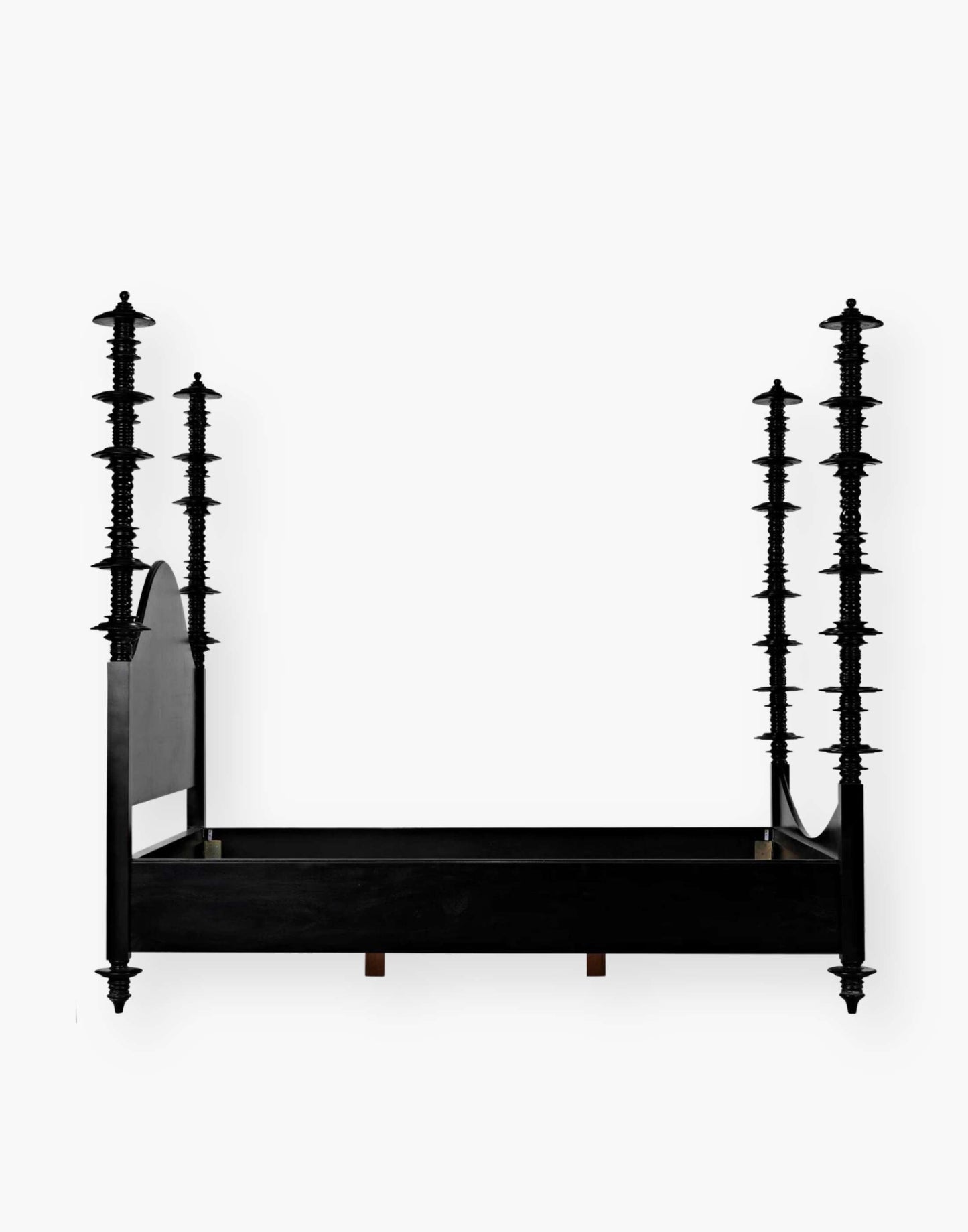 Mahogany, hand-rubbed black bed with intricate details on each post.