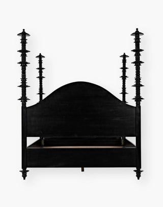 Mahogany, hand-rubbed black bed with intricate details on each post.