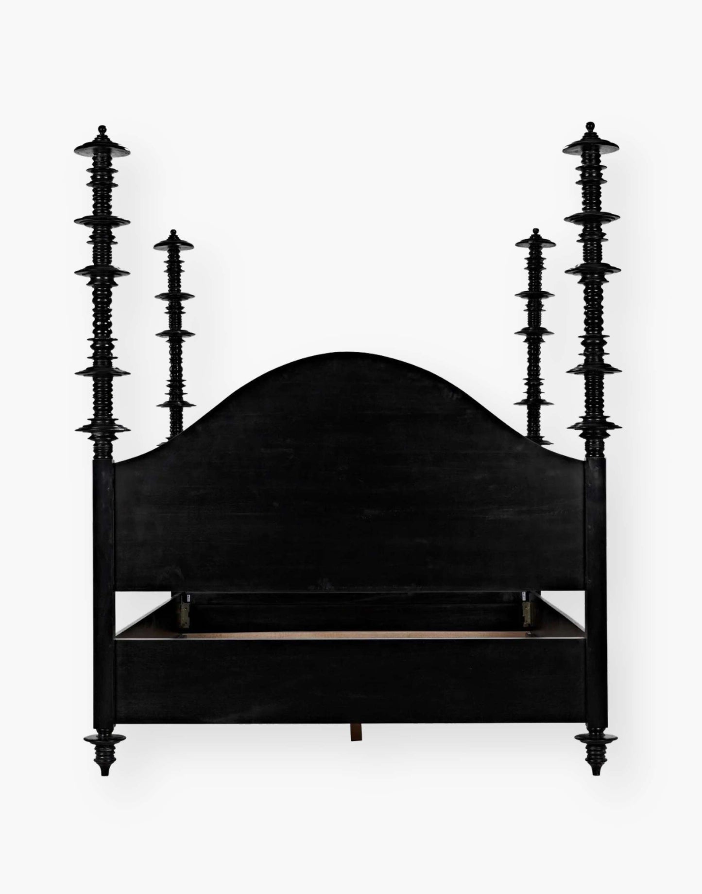 Mahogany, hand-rubbed black bed with intricate details on each post.