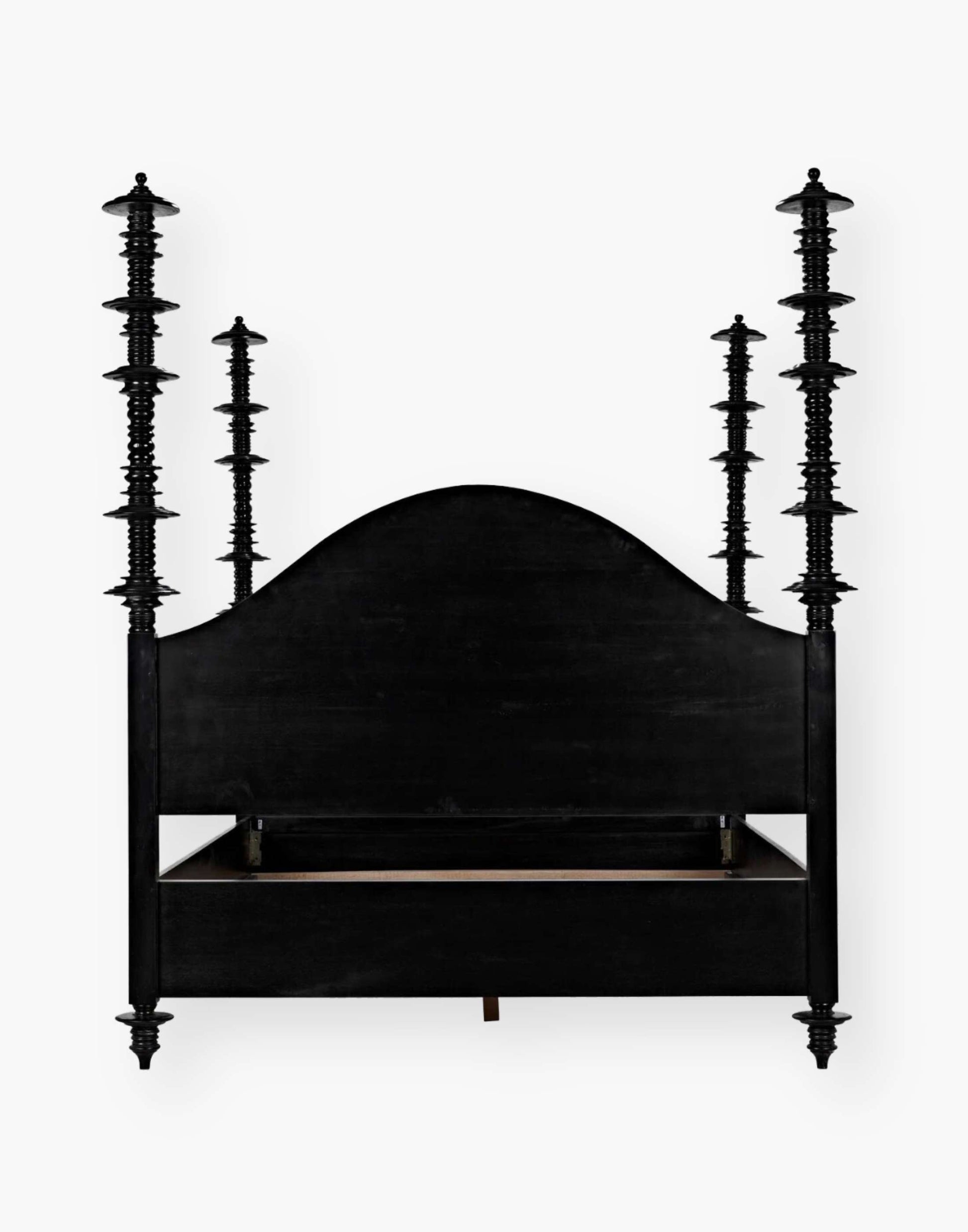Mahogany, hand-rubbed black bed with intricate details on each post.