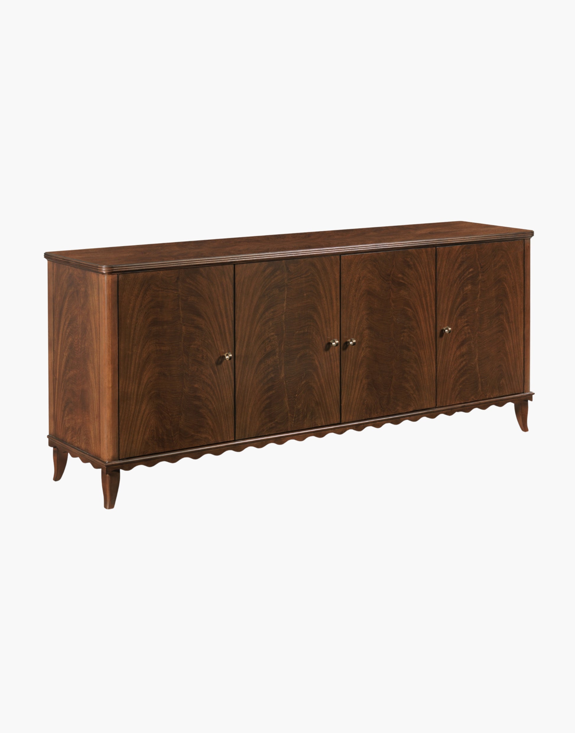 Media Cabinet in Montserrat finish, crafted from hardwood solids and Cerejeira veneer with Rococo-style wavy base, brass hardware, and adjustable shelving for organized media storage.