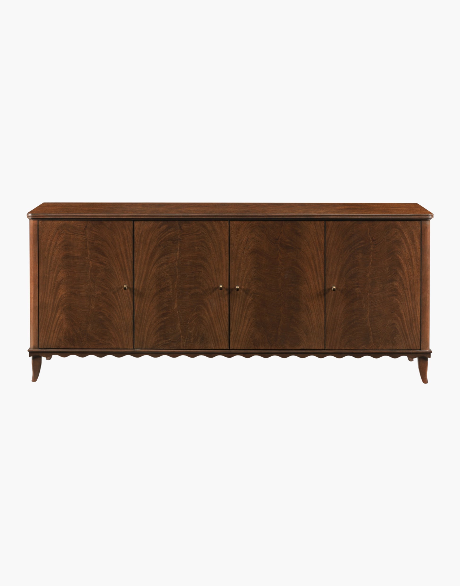 Media Cabinet in Montserrat finish, crafted from hardwood solids and Cerejeira veneer with Rococo-style wavy base, brass hardware, and adjustable shelving for organized media storage.