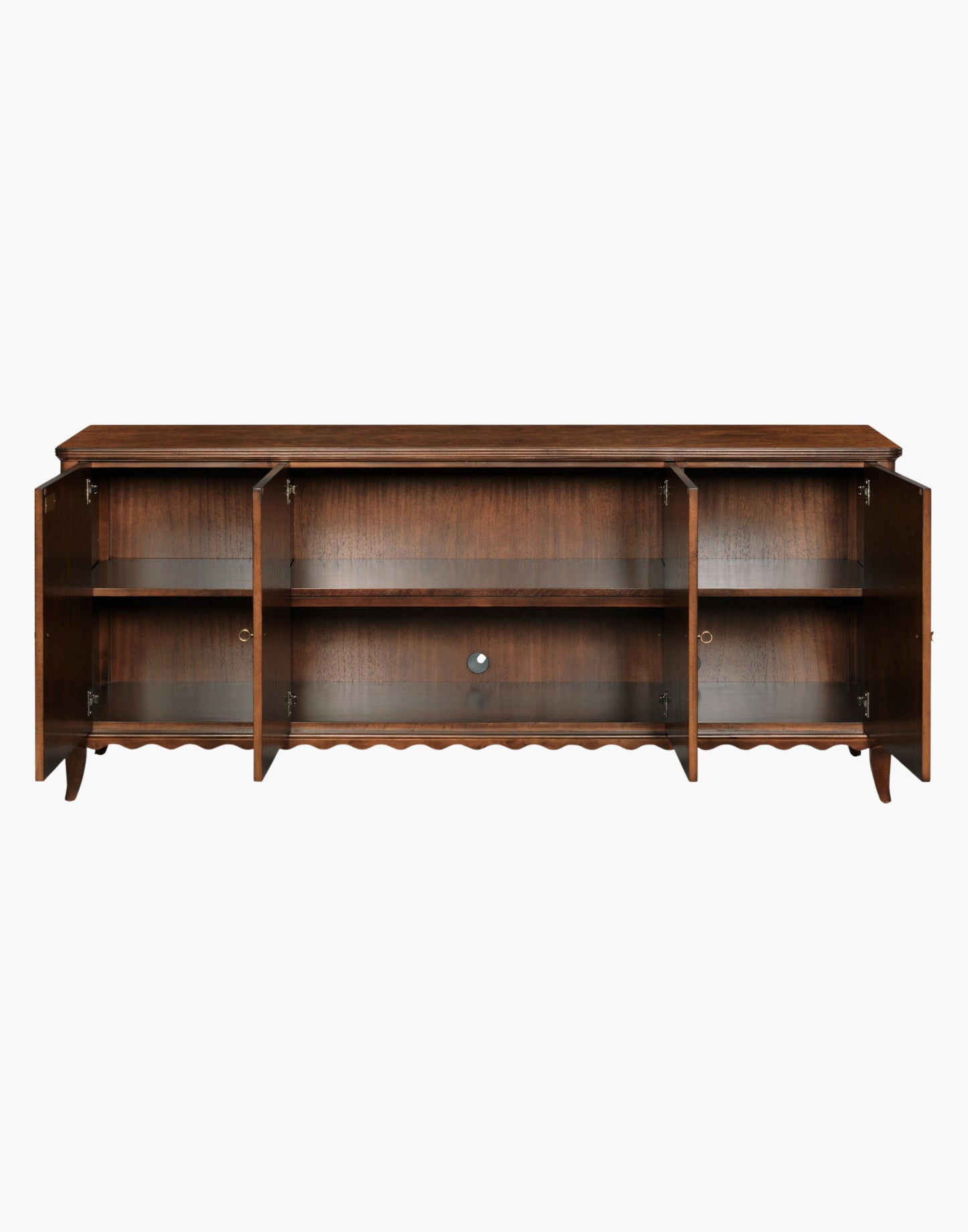 Media Cabinet in Montserrat finish, crafted from hardwood solids and Cerejeira veneer with Rococo-style wavy base, brass hardware, and adjustable shelving for organized media storage.