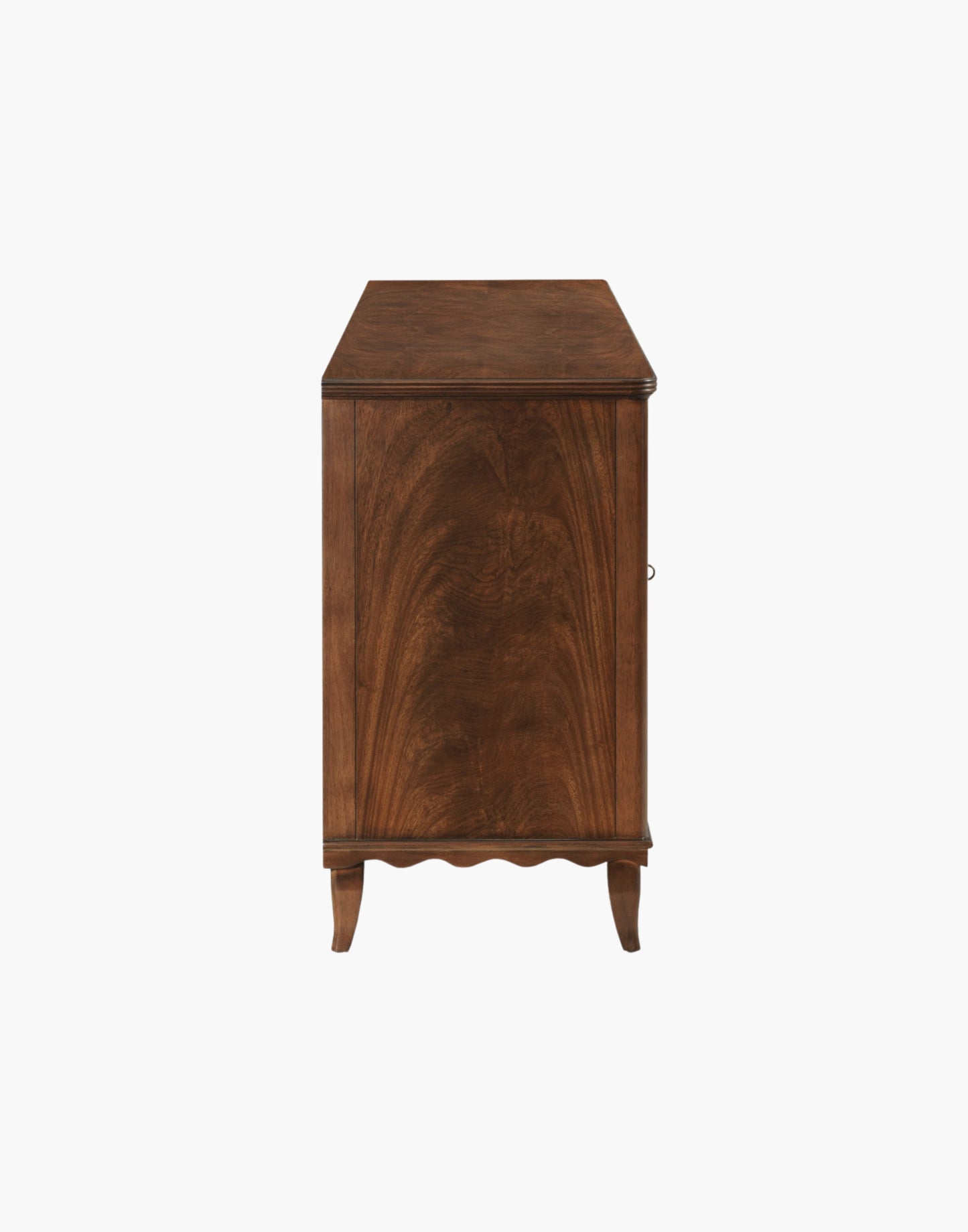 Media Cabinet in Montserrat finish, crafted from hardwood solids and Cerejeira veneer with Rococo-style wavy base, brass hardware, and adjustable shelving for organized media storage.