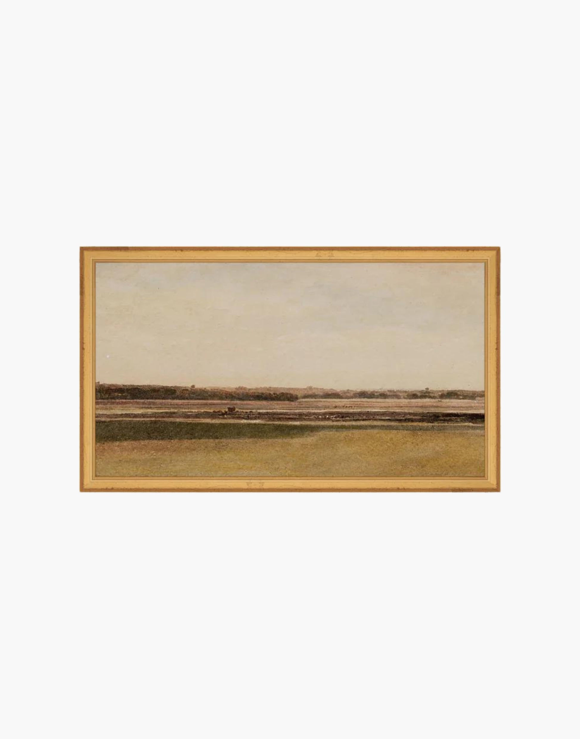 A vintage watercolor piece with rust tones mixed with muted greens in a landscaped meadow print.