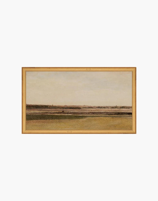 A vintage watercolor piece with rust tones mixed with muted greens in a landscaped meadow print.
