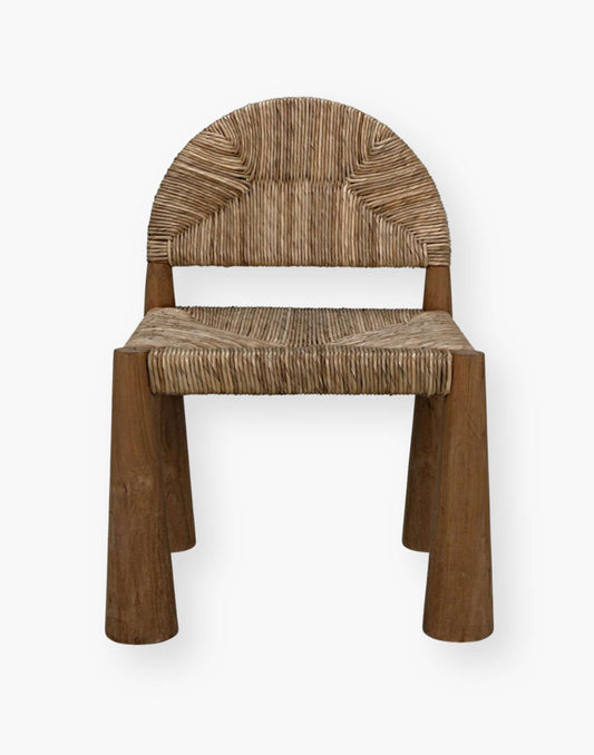 A stunning dining room chair with natural teak paired with seagrass.