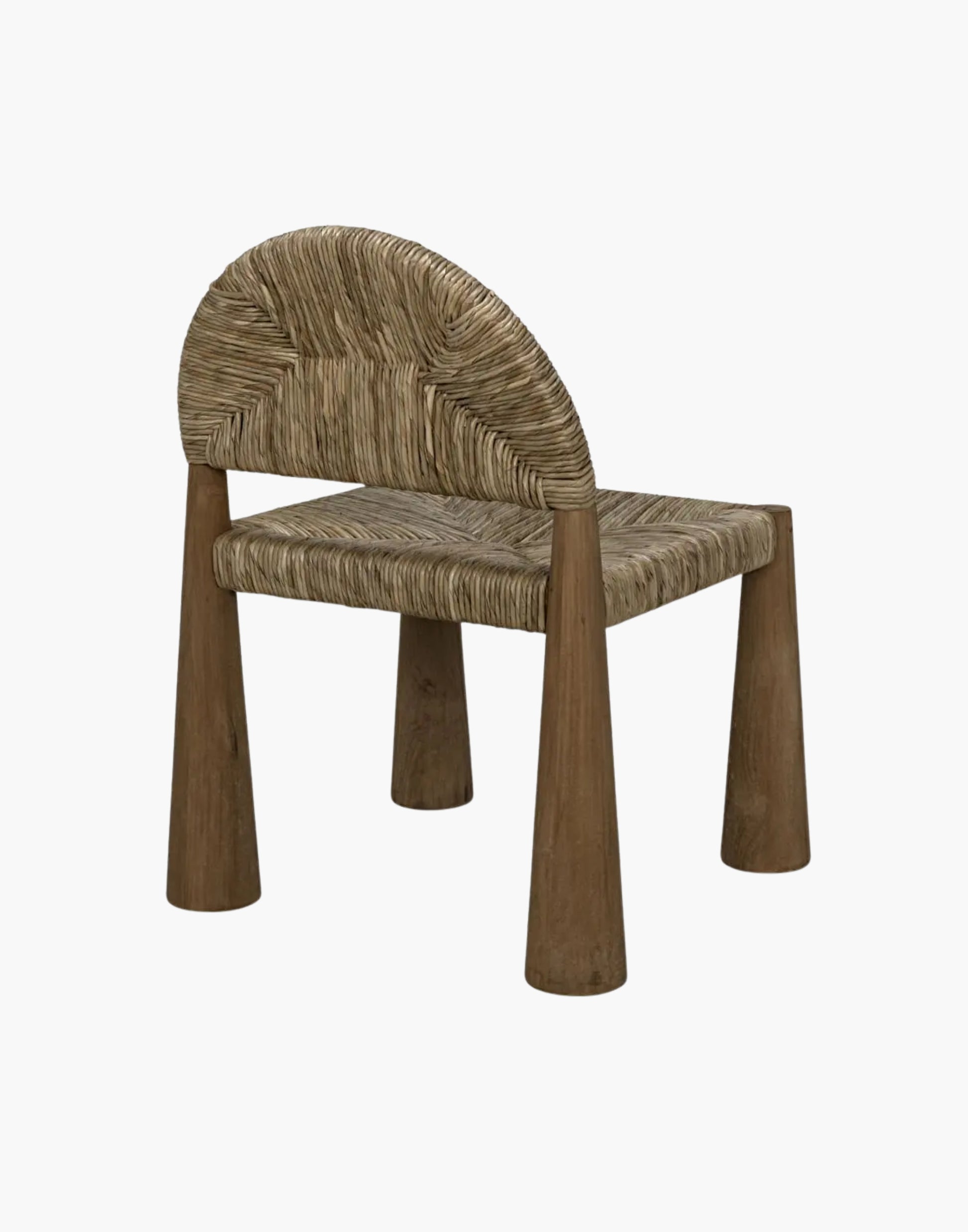 Teak side chair with arched back, woven seagrass seat, and conical legs, natural finish modern design