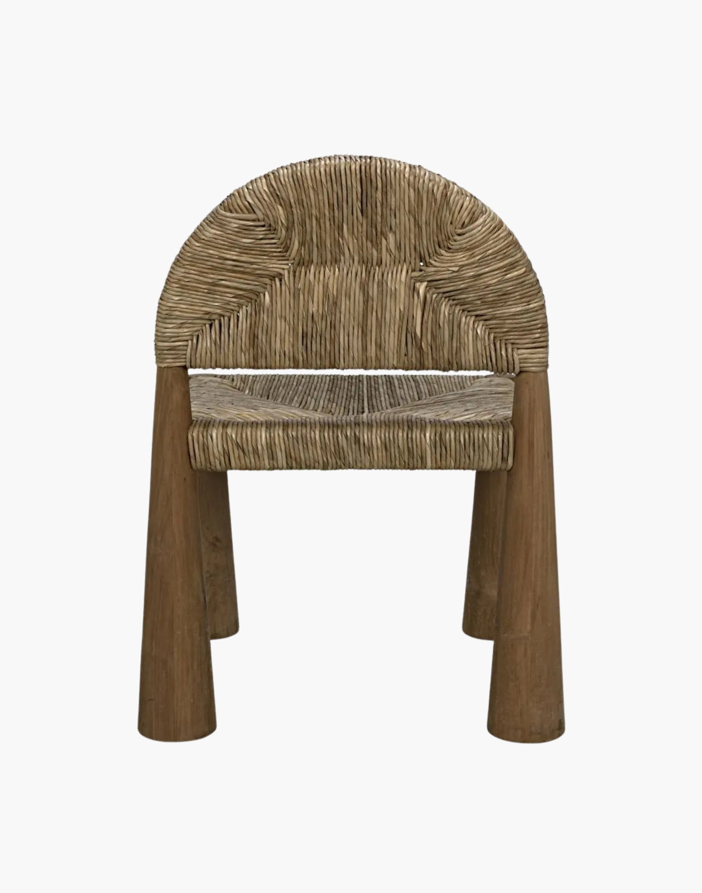Teak side chair with arched back, woven seagrass seat, and conical legs, natural finish modern design
