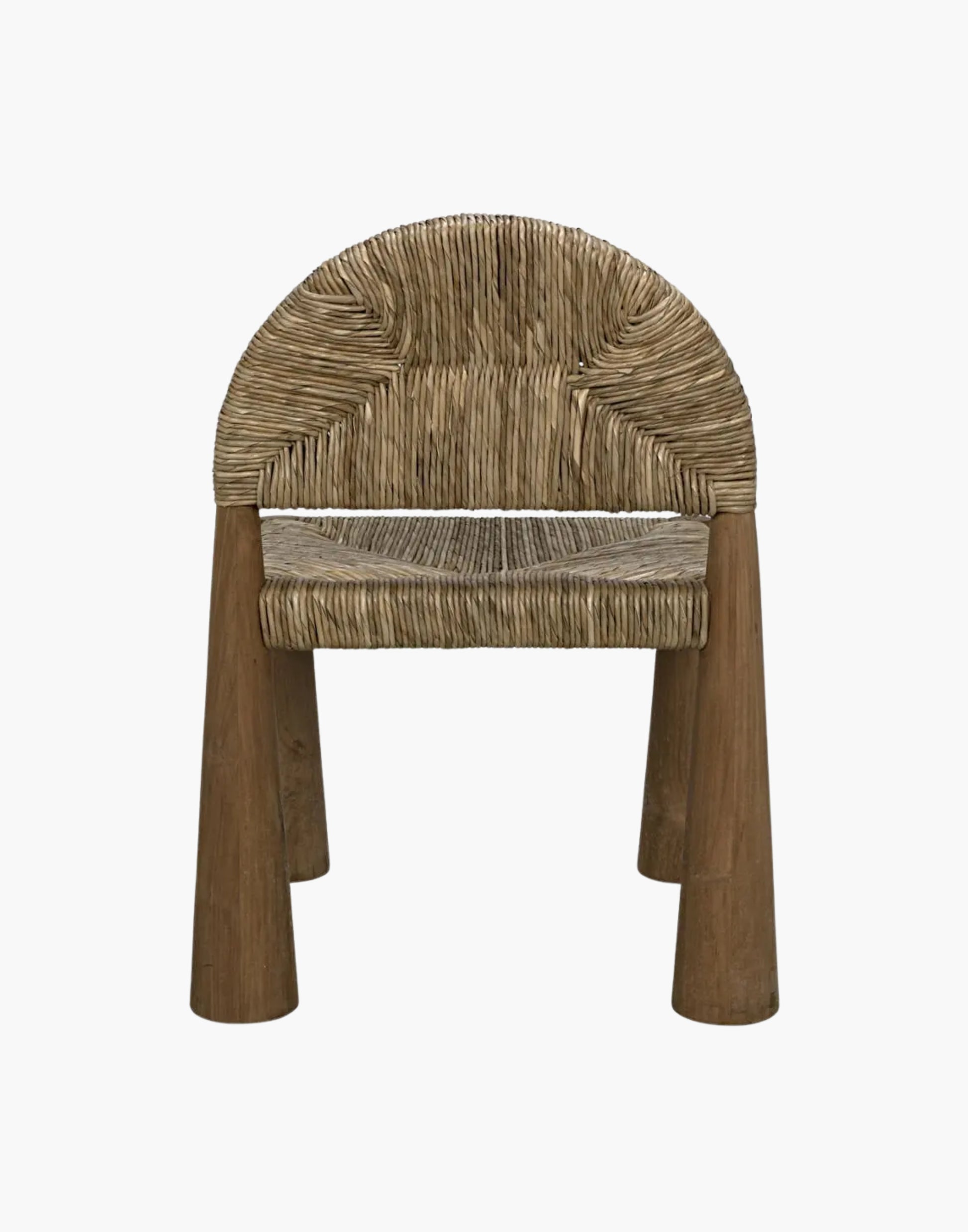 Teak side chair with arched back, woven seagrass seat, and conical legs, natural finish modern design