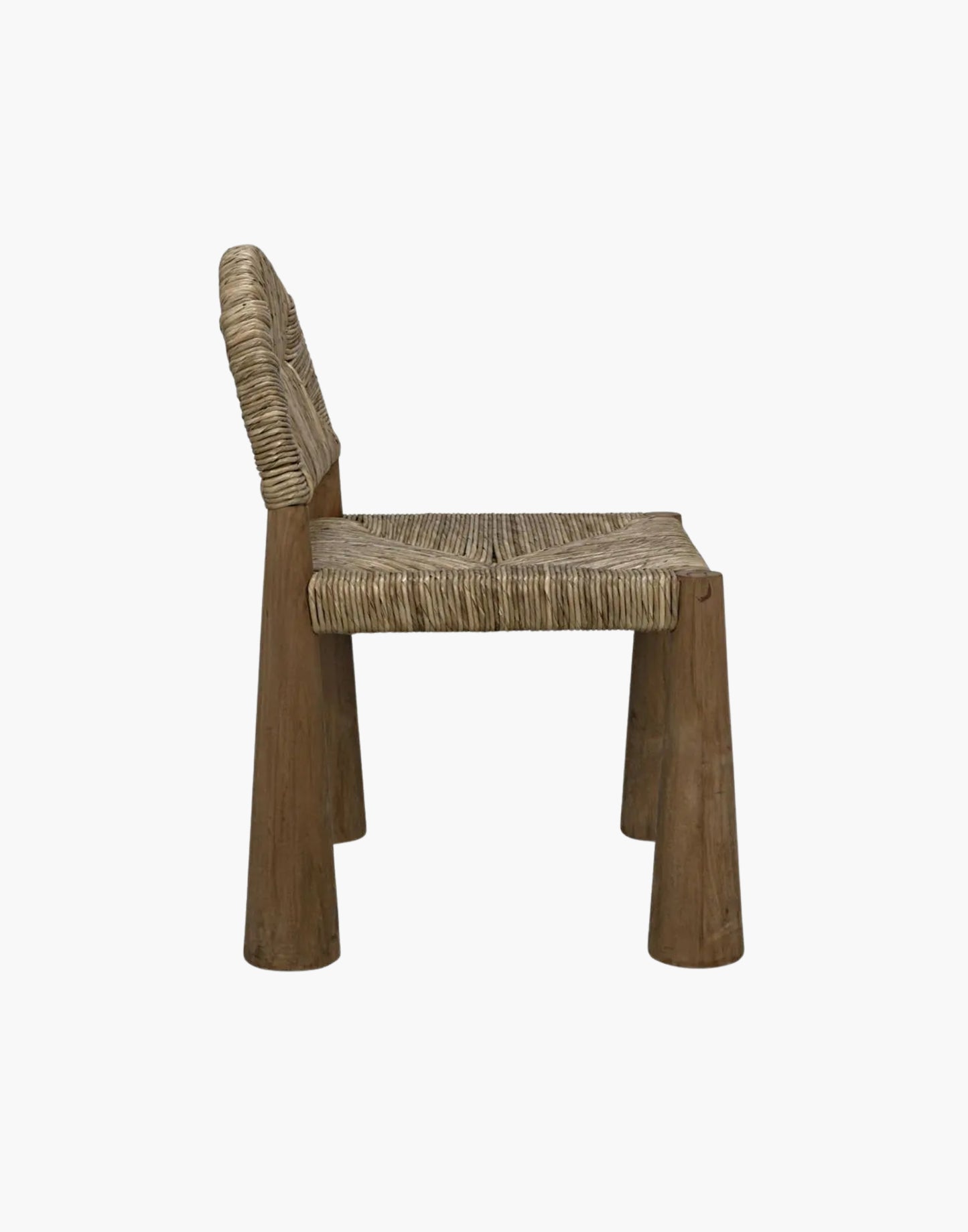 Teak side chair with arched back, woven seagrass seat, and conical legs, natural finish modern design